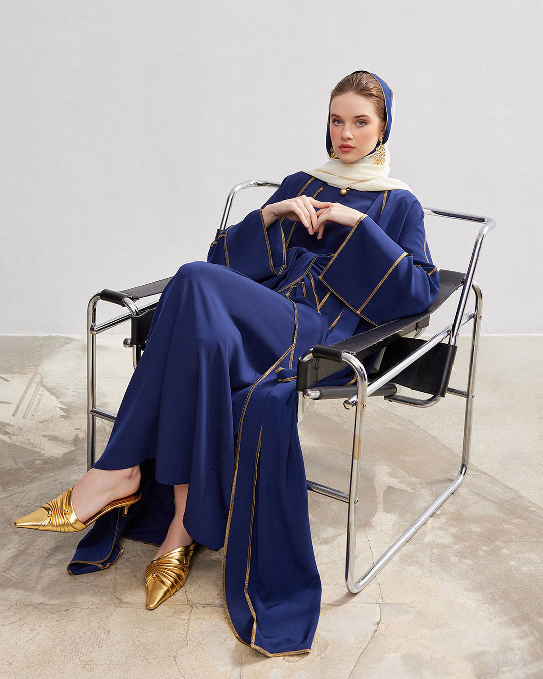 Gold Lined Navy Abaya and Dress Set - sonafey