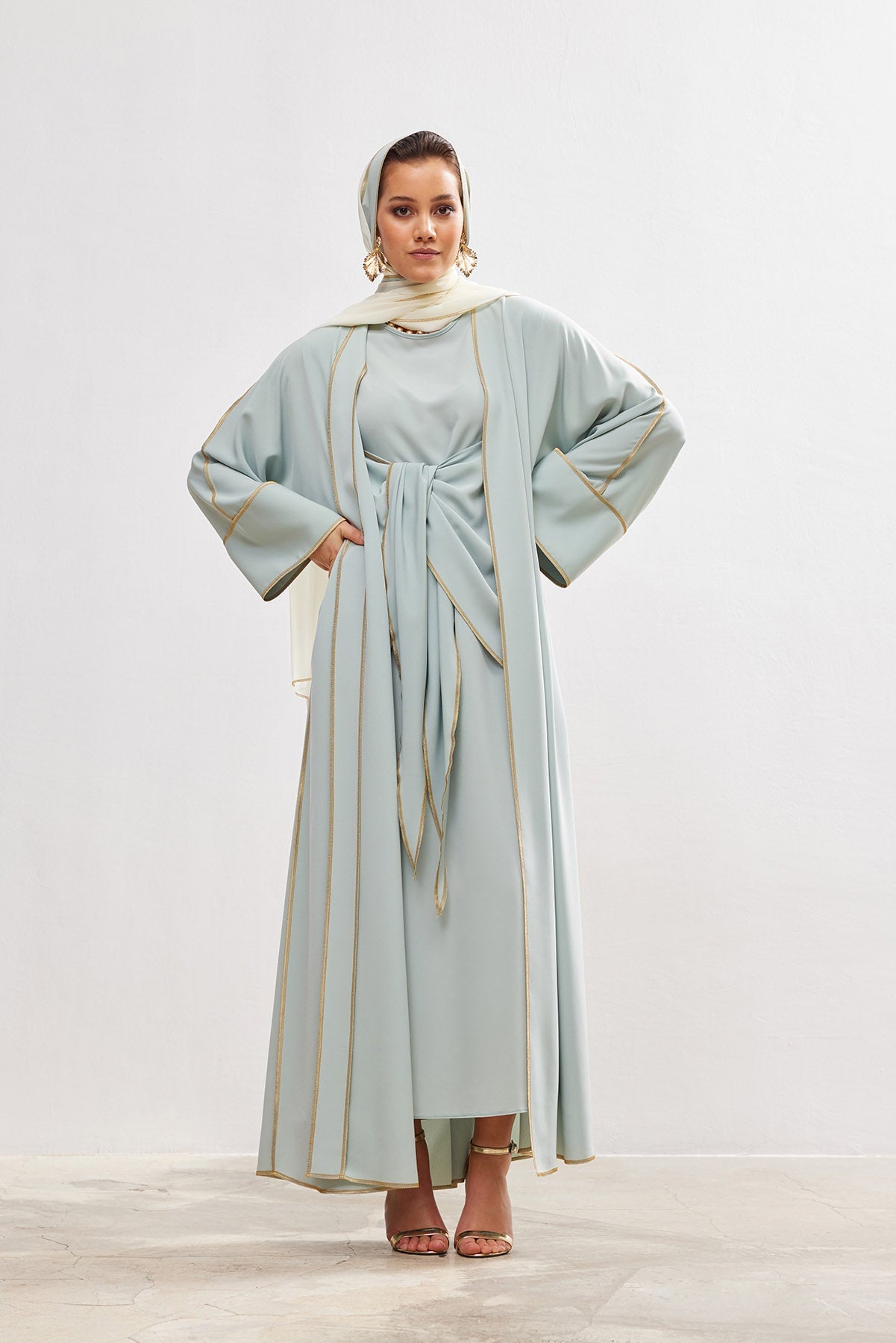 Gold Lined Mint Abaya and Dress Set - sonafey
