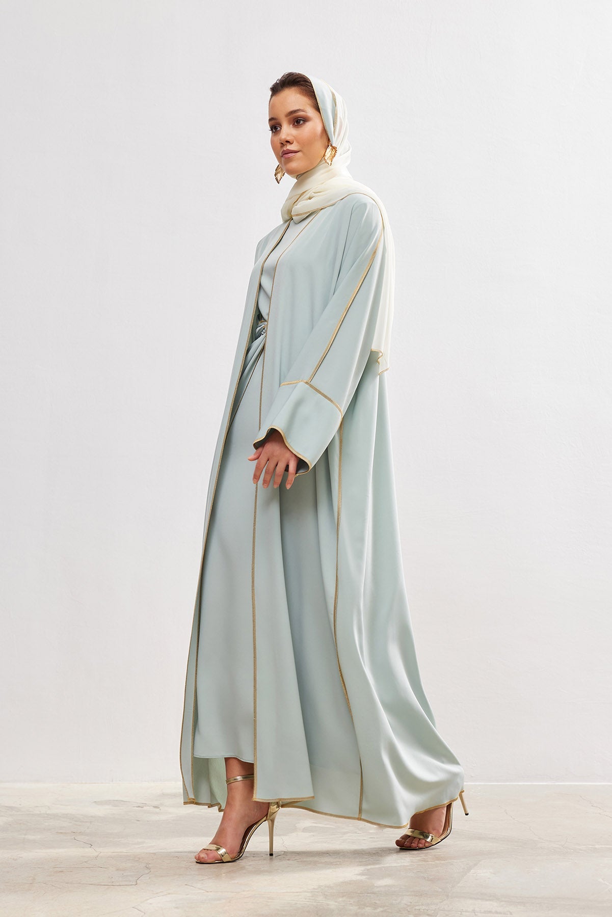 Gold Lined Mint Abaya and Dress Set - sonafey