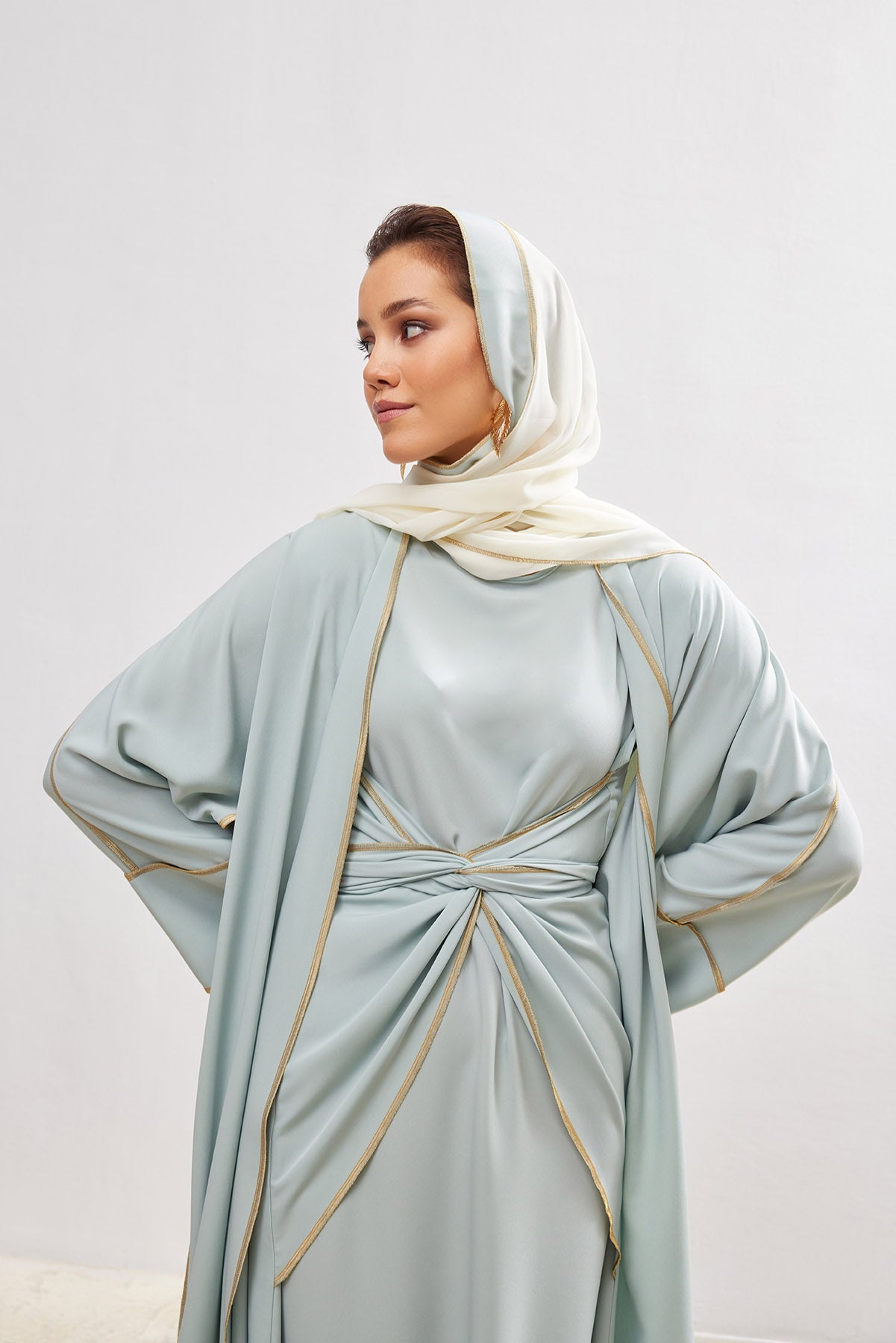 Gold Lined Mint Abaya and Dress Set - sonafey