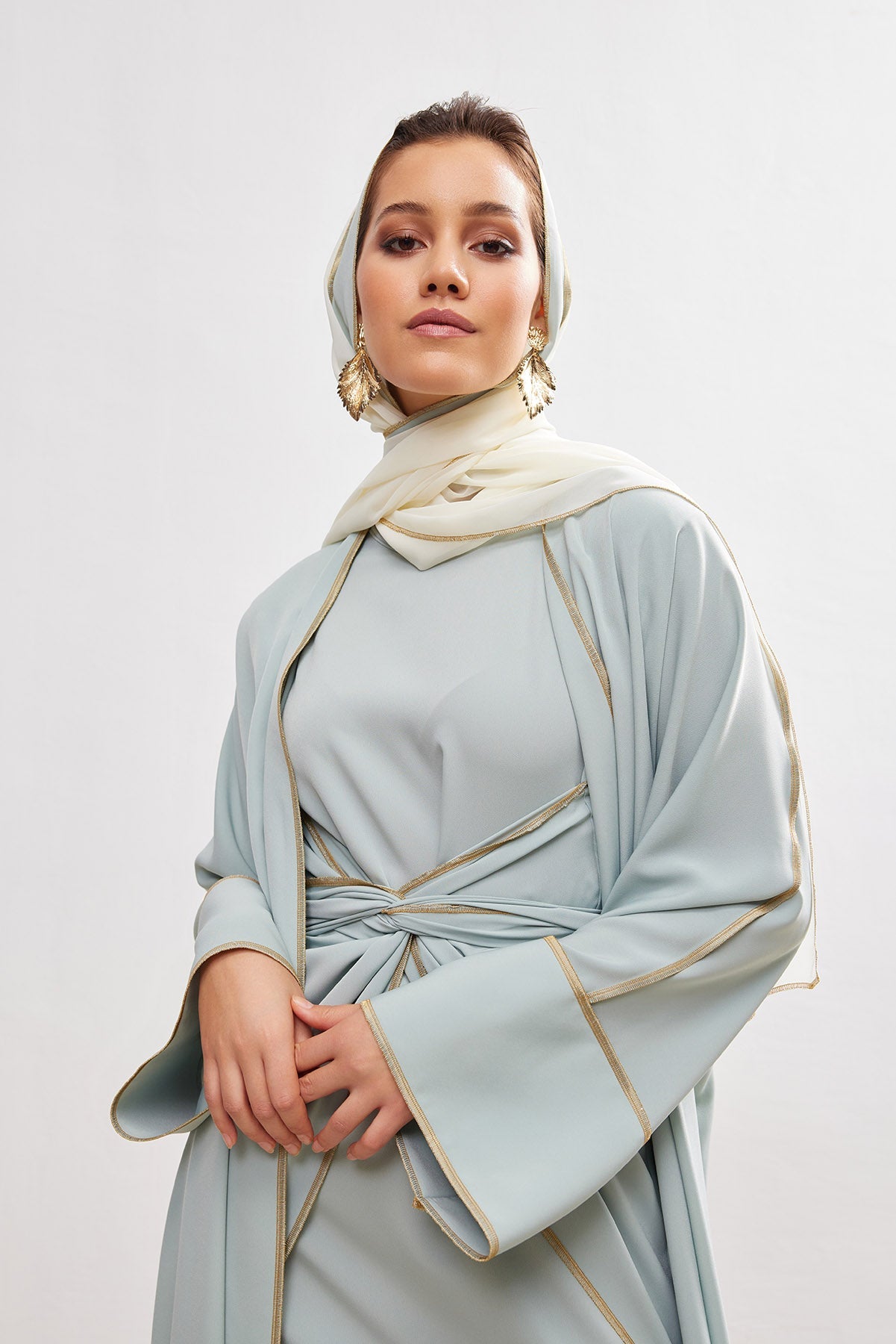 Gold Lined Mint Abaya and Dress Set - sonafey