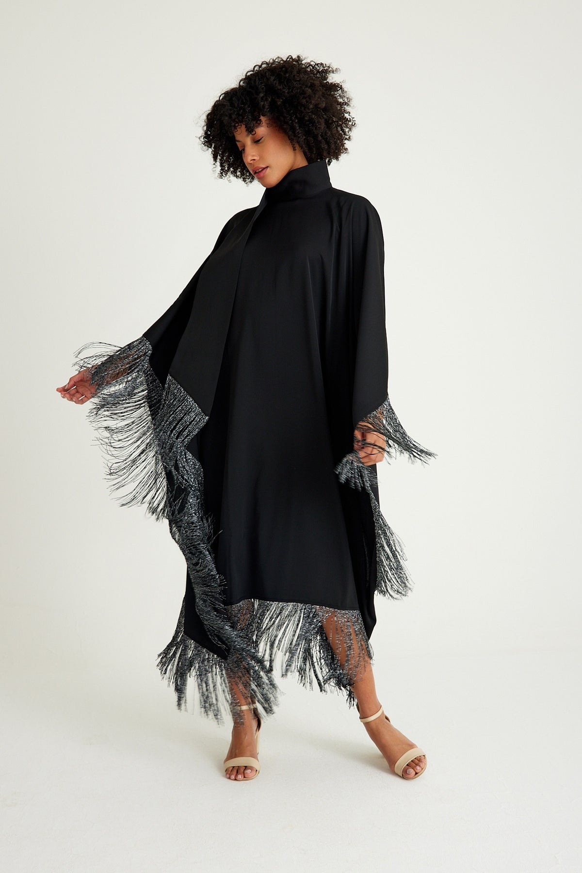 Black silver fringed kaftan dress - sonafey
