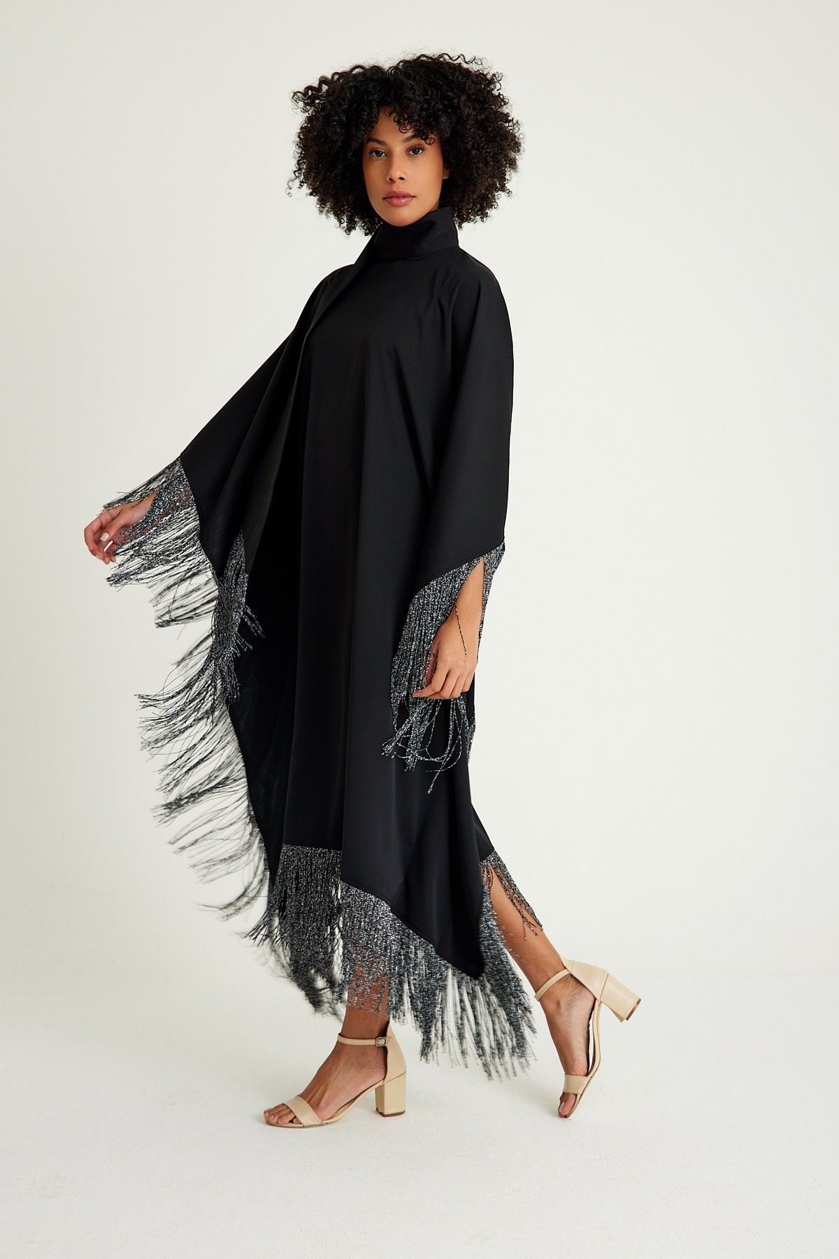 Black silver fringed kaftan dress - sonafey