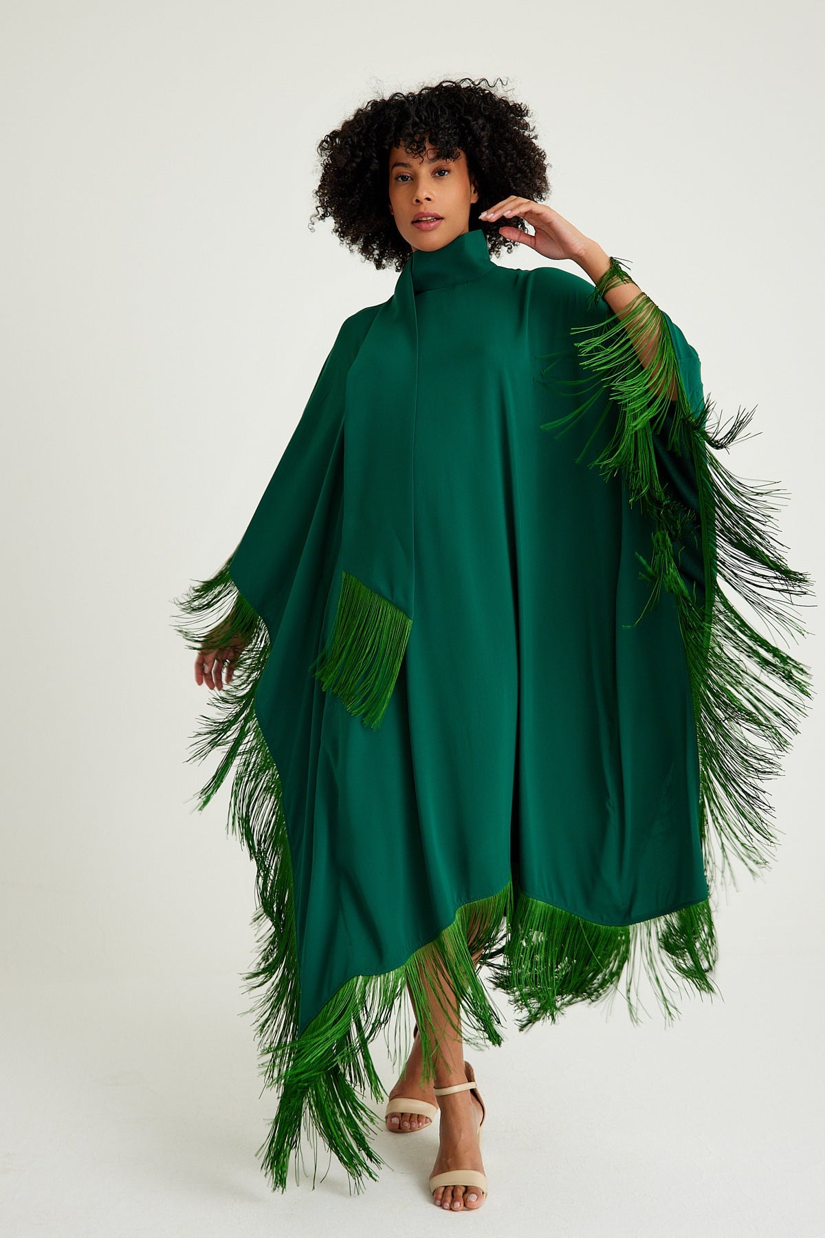 Emerald golden fringed kaftan dress - sonafey