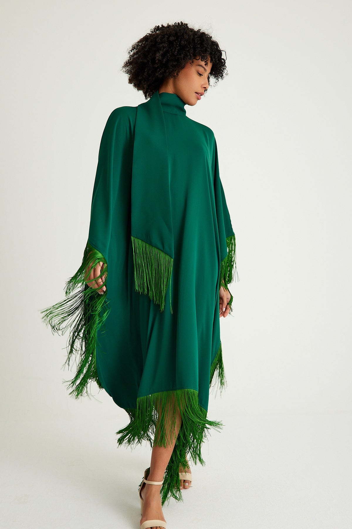 Emerald golden fringed kaftan dress - sonafey