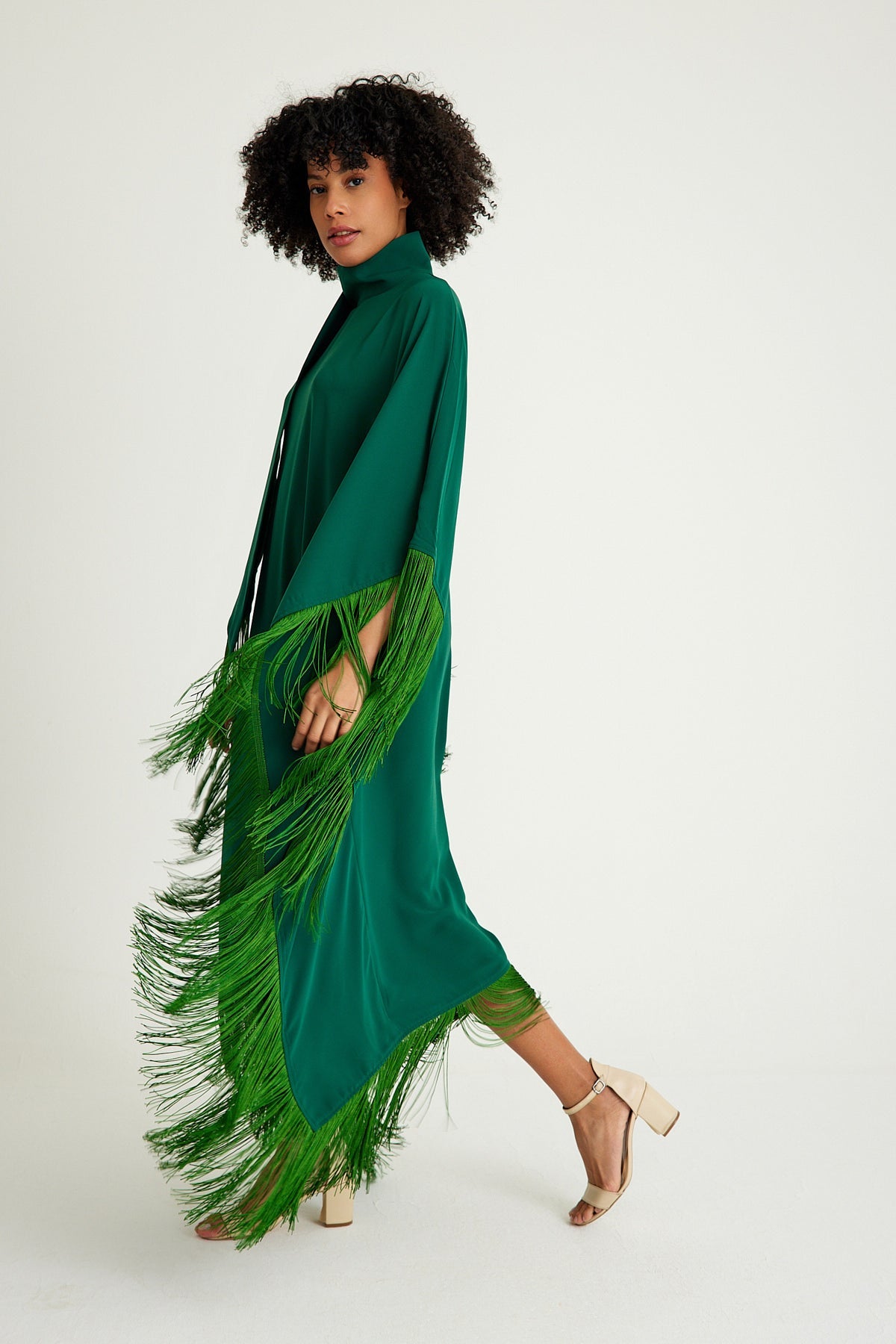 Emerald golden fringed kaftan dress - sonafey