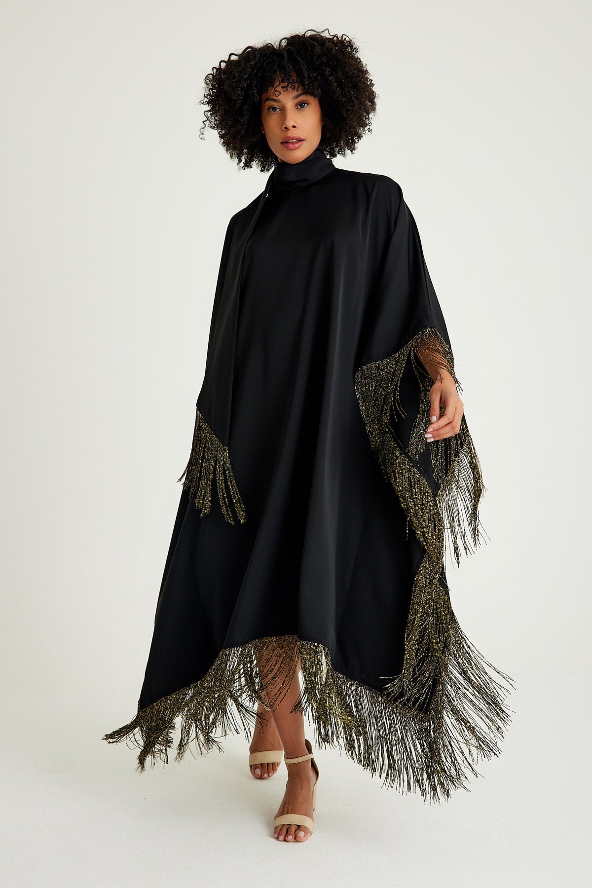 Black golden fringed kaftan dress - sonafey