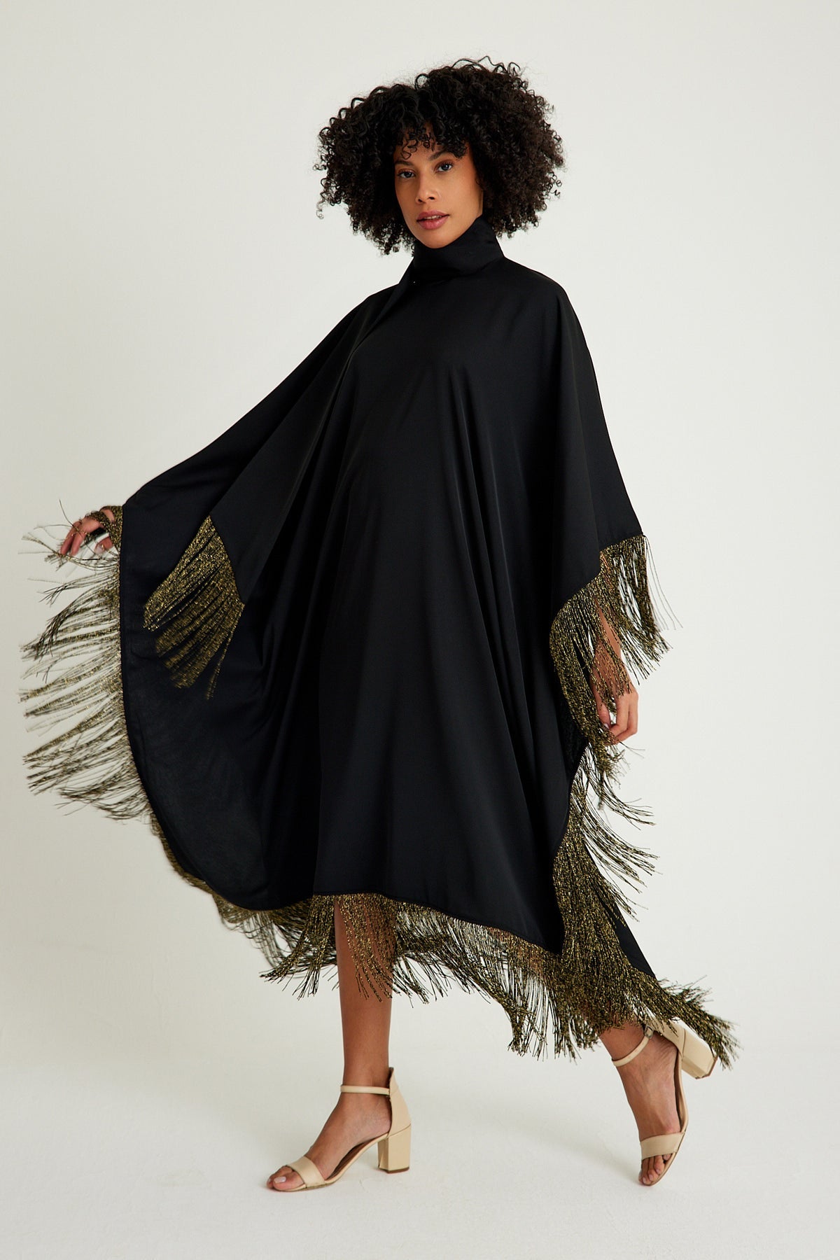 Black golden fringed kaftan dress - sonafey