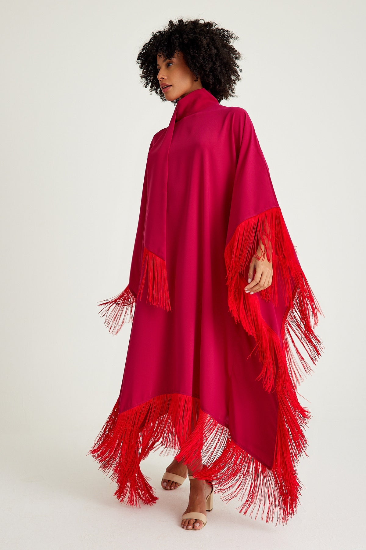 Pink Red fringed kaftan dress - sonafey