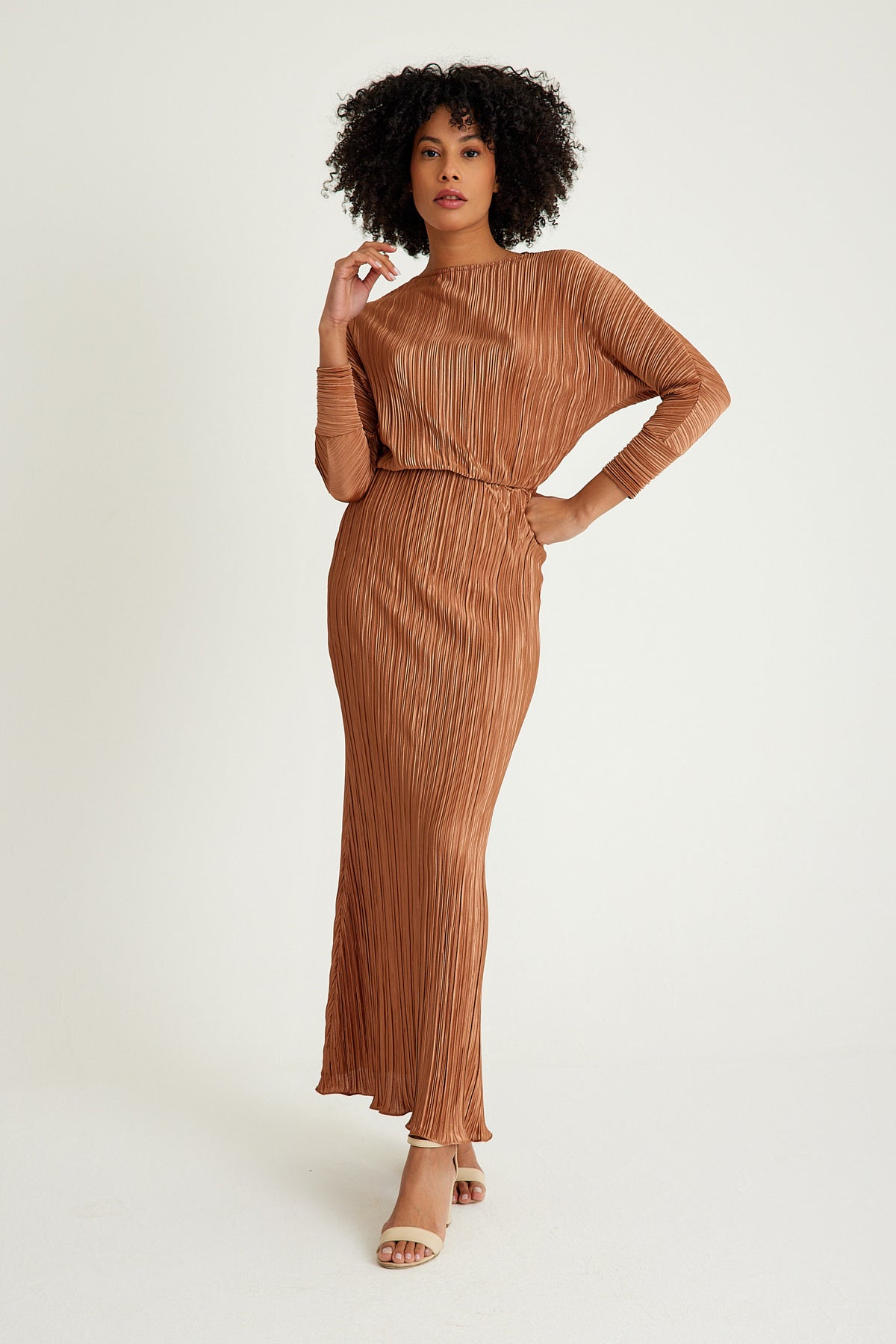 Fits Everbody Pleated Long Brown Dress - sonafey
