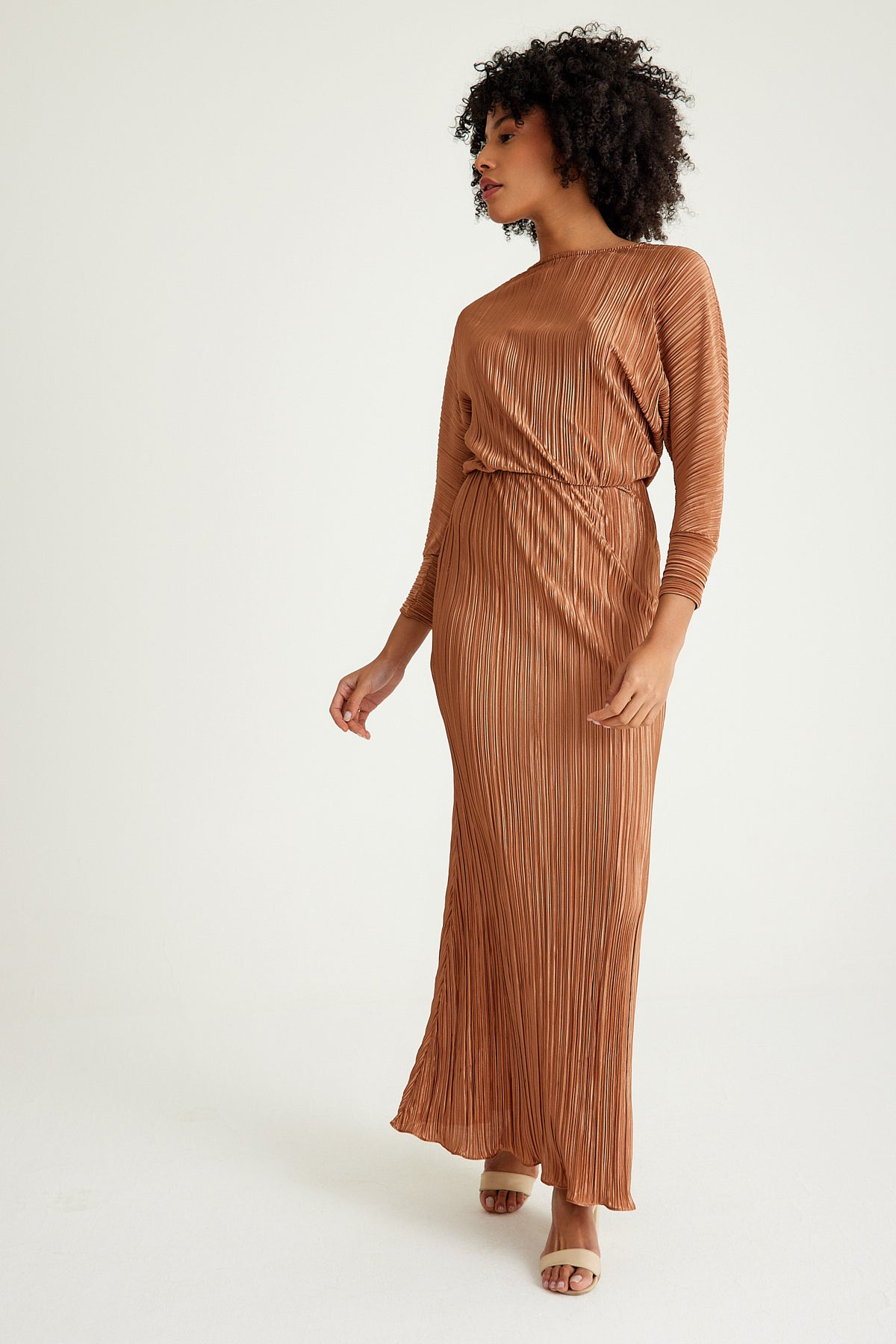 Fits Everbody Pleated Long Brown Dress - sonafey