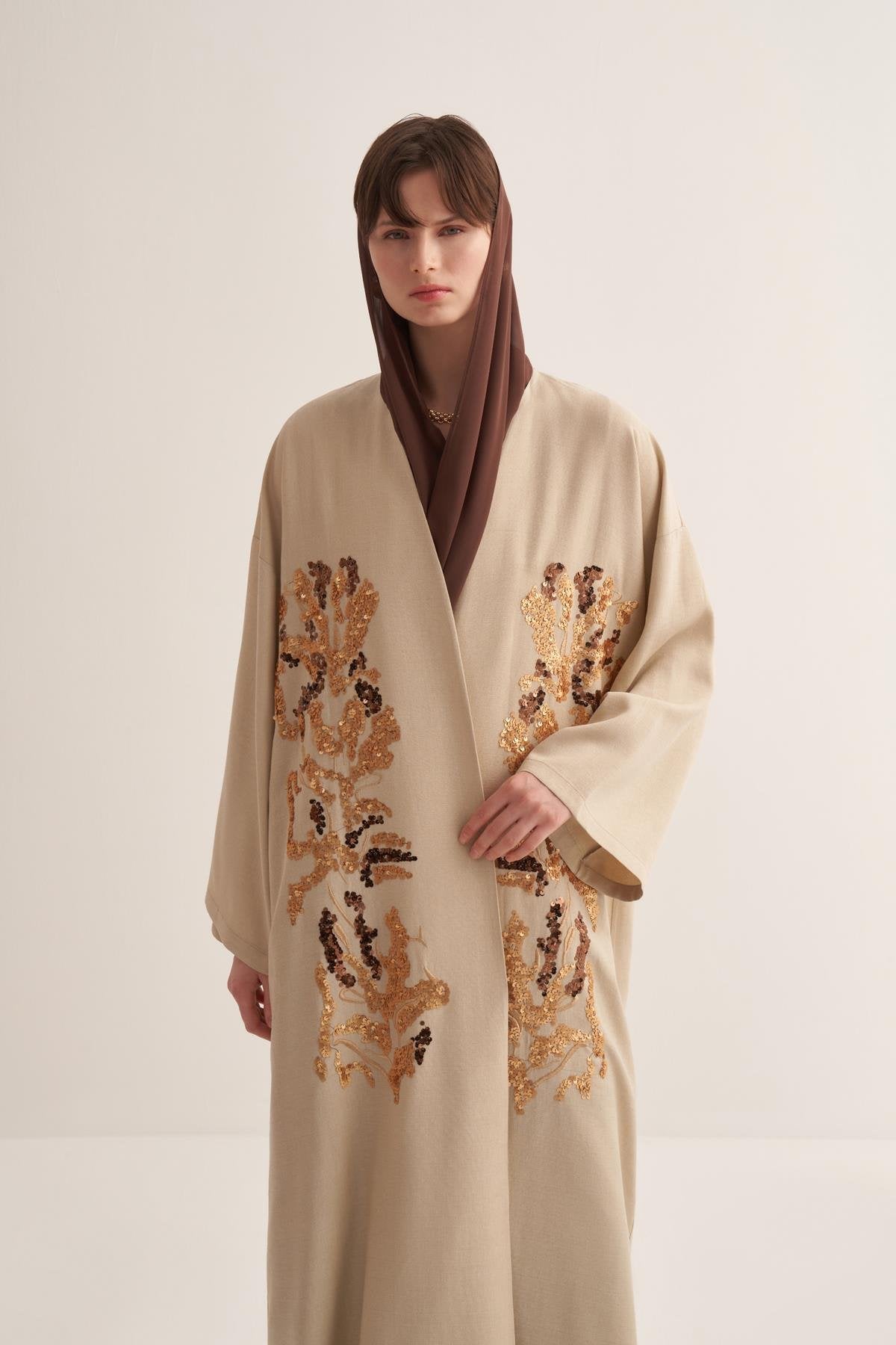 Beige Sequin-Embroidered Abaya - sonafey