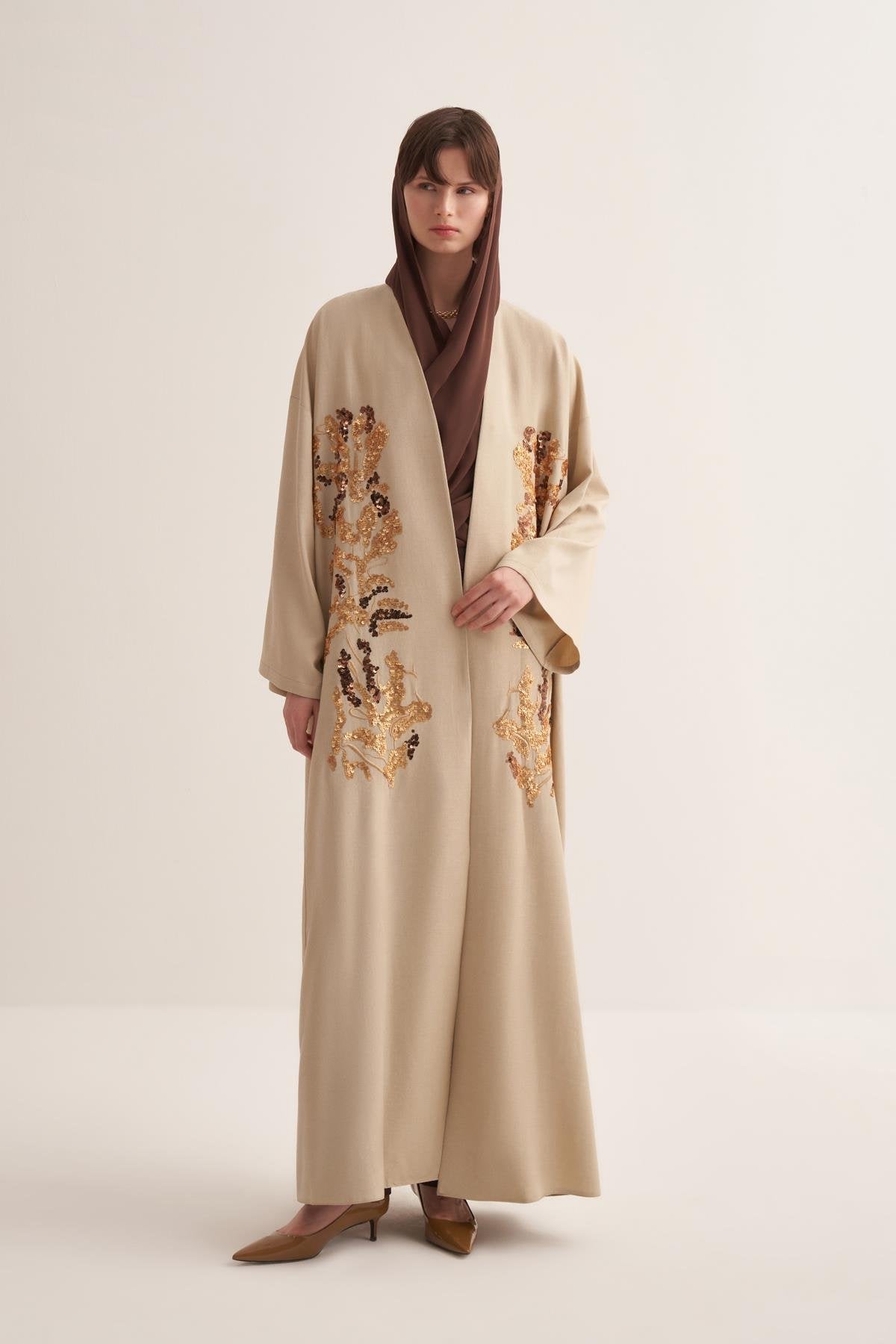 Beige Sequin-Embroidered Abaya - sonafey