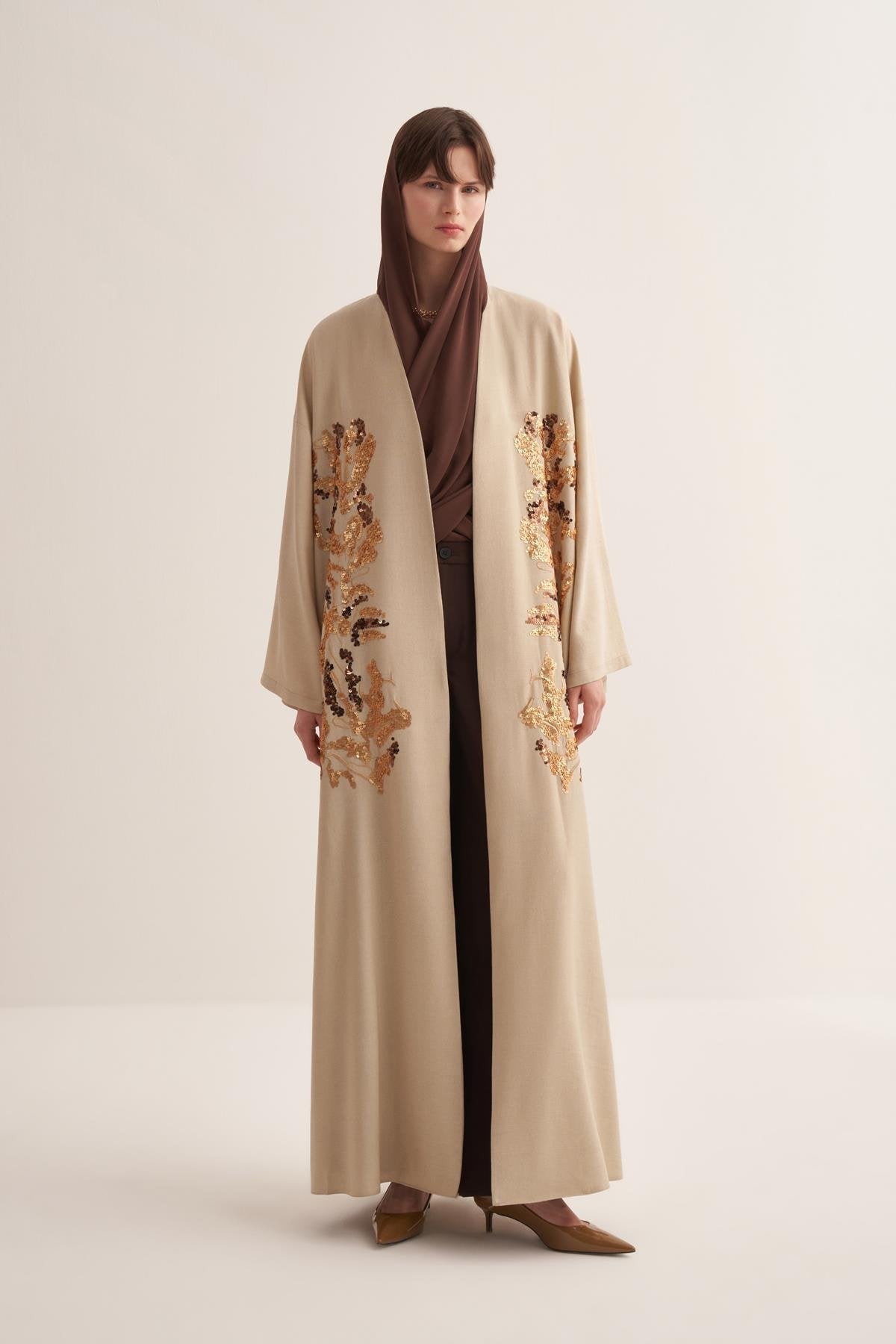 Beige Sequin-Embroidered Abaya - sonafey