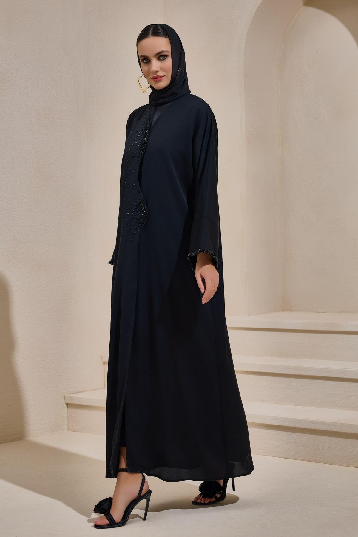 Crystal Embellished Emerald Abaya Set with Shawl - sonafey