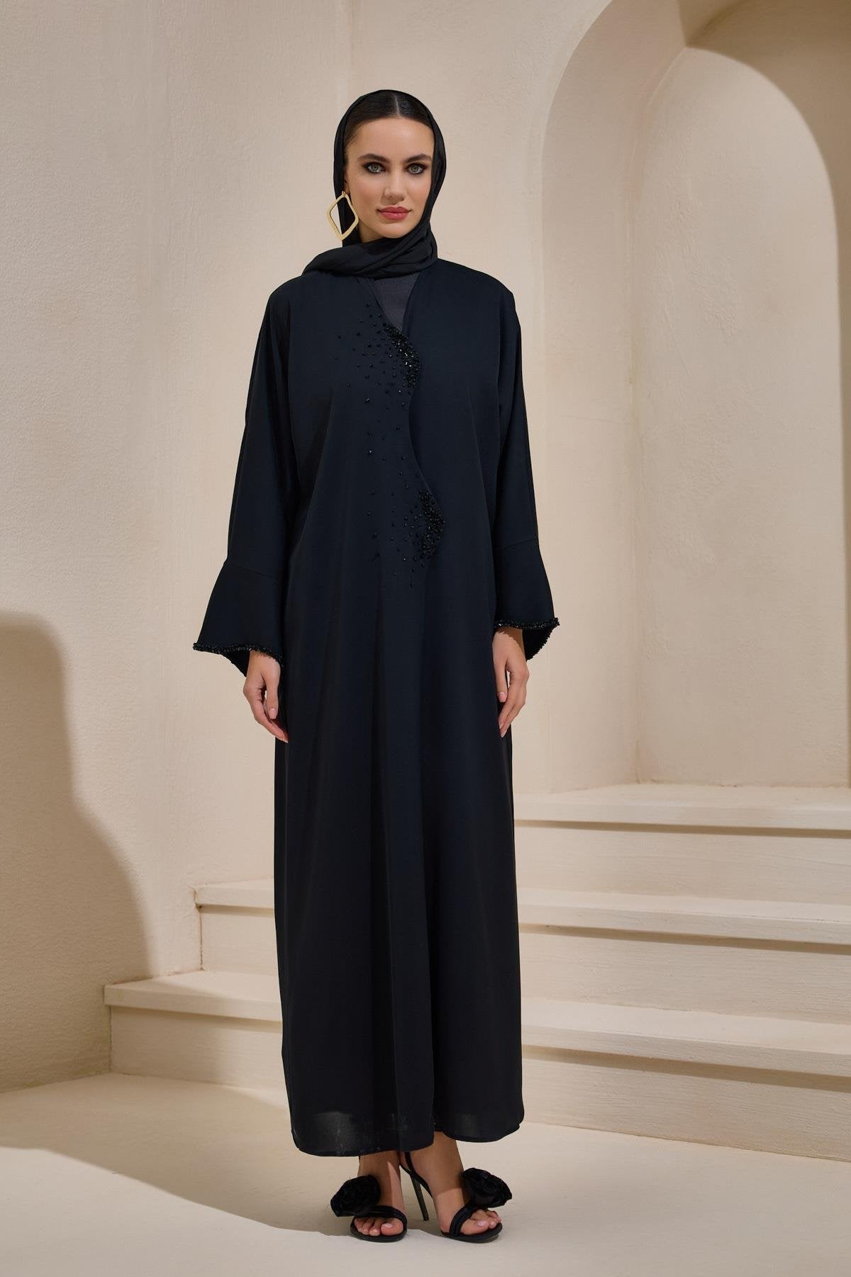 Crystal Embellished Emerald Abaya Set with Shawl - sonafey