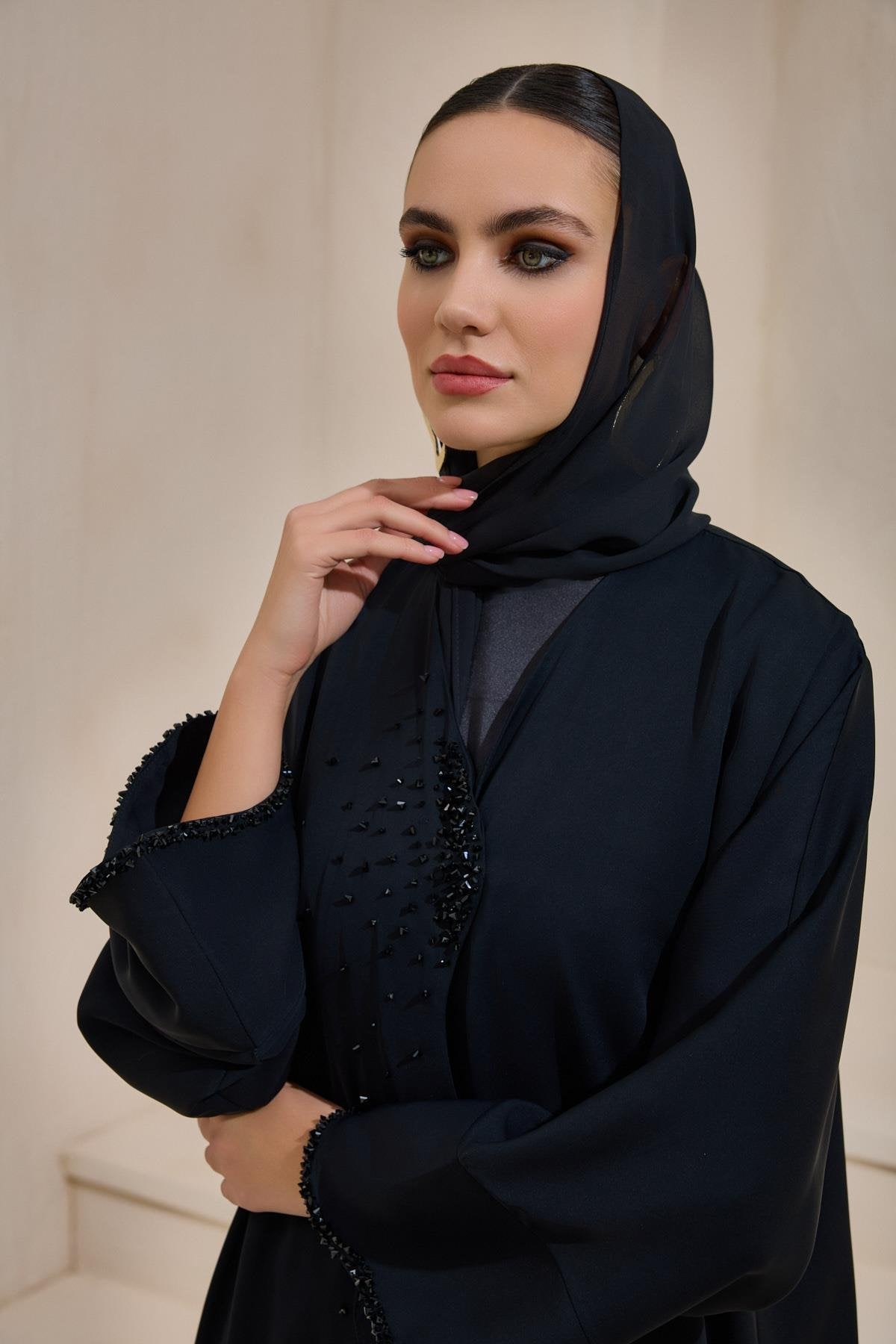 Crystal Embellished Emerald Abaya Set with Shawl - sonafey