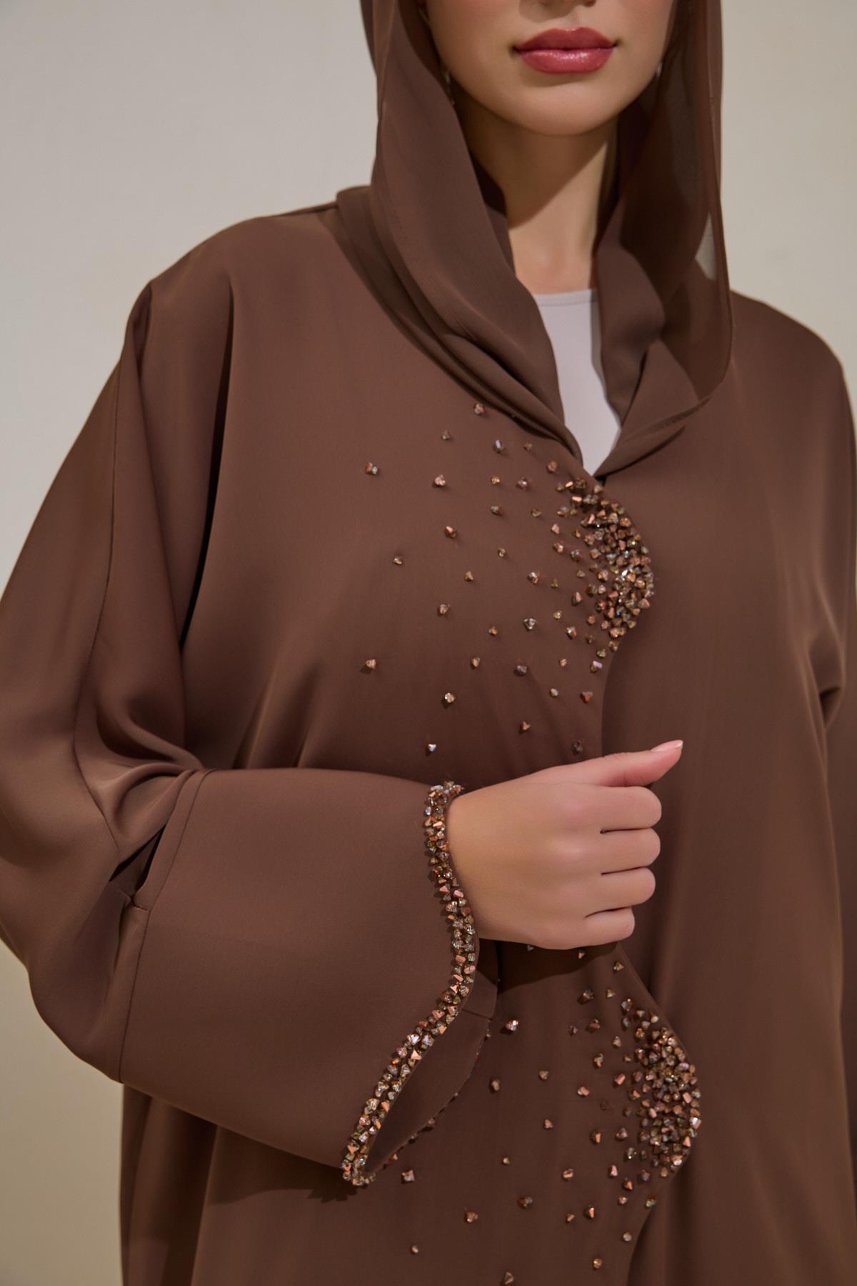 Crystal Embellished Brown Abaya Set with Shawl - sonafey