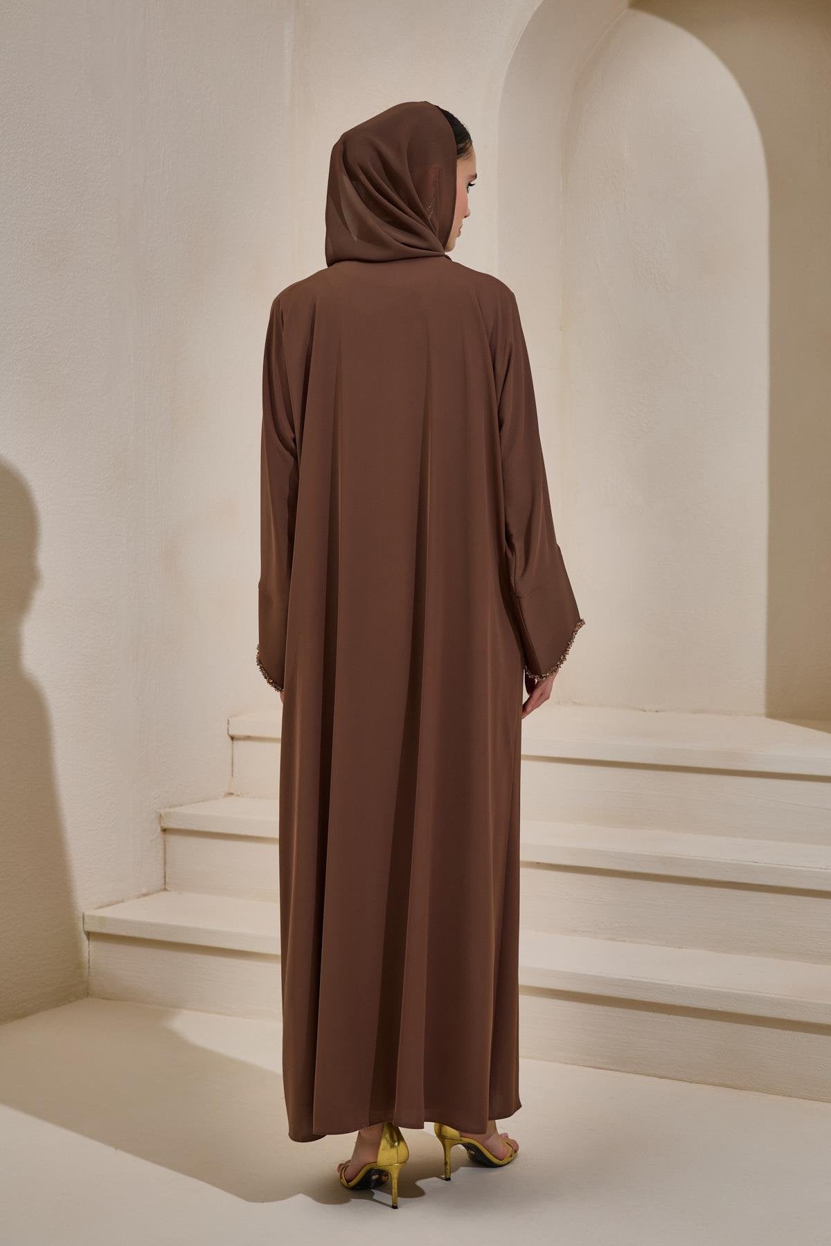 Crystal Embellished Brown Abaya Set with Shawl - sonafey