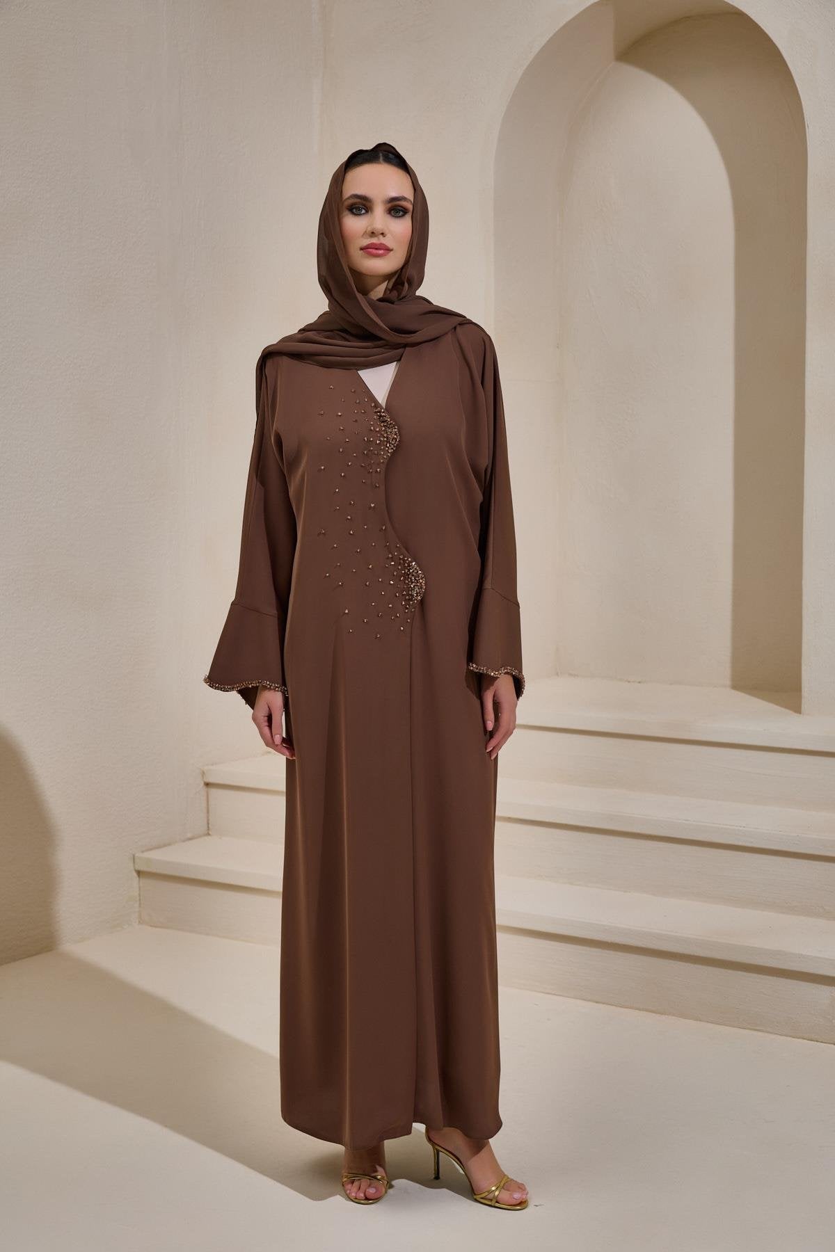 Crystal Embellished Brown Abaya Set with Shawl - sonafey