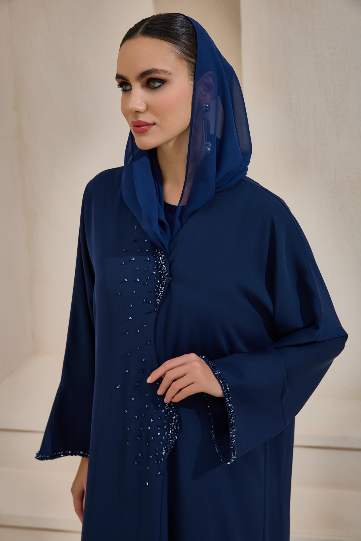Crystal Embellished Navy Abaya Set with Shawl - sonafey