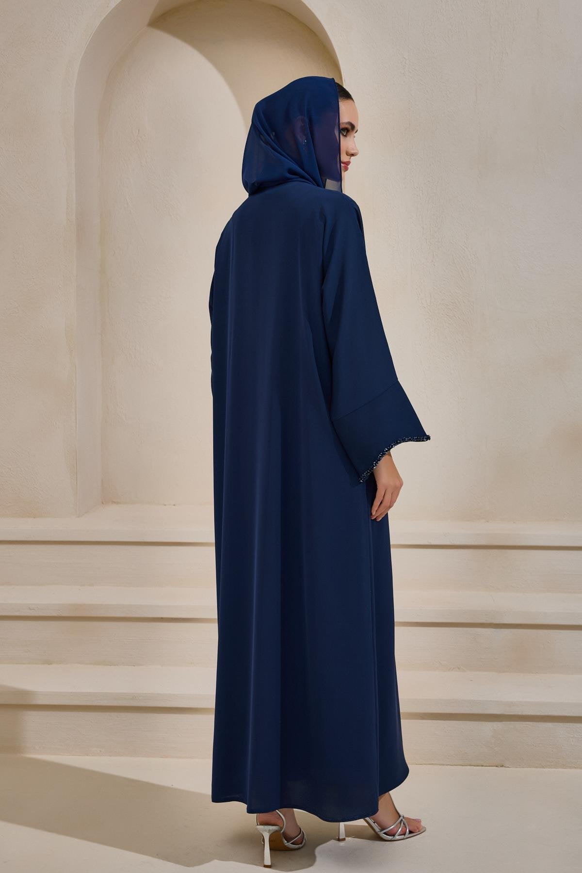 Crystal Embellished Navy Abaya Set with Shawl - sonafey