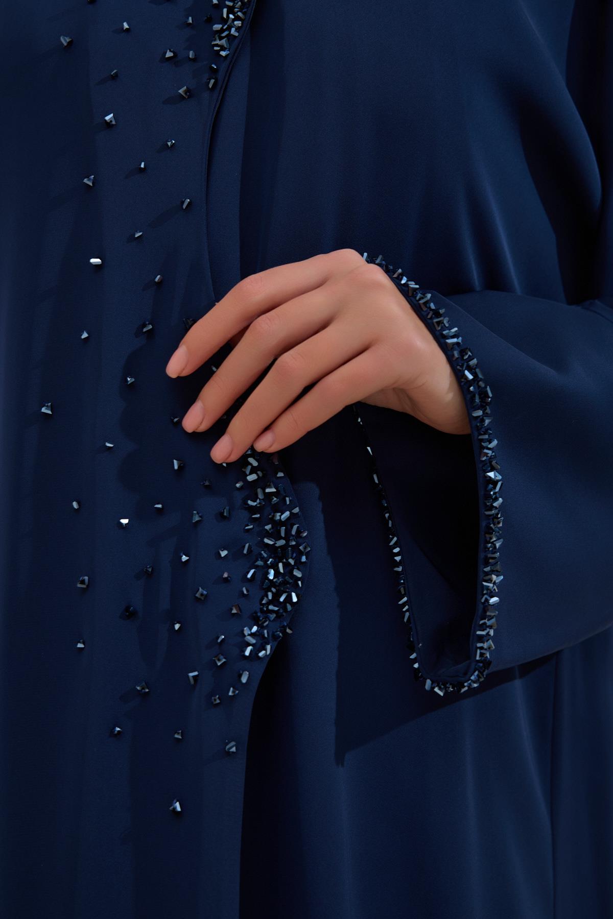 Crystal Embellished Navy Abaya Set with Shawl - sonafey