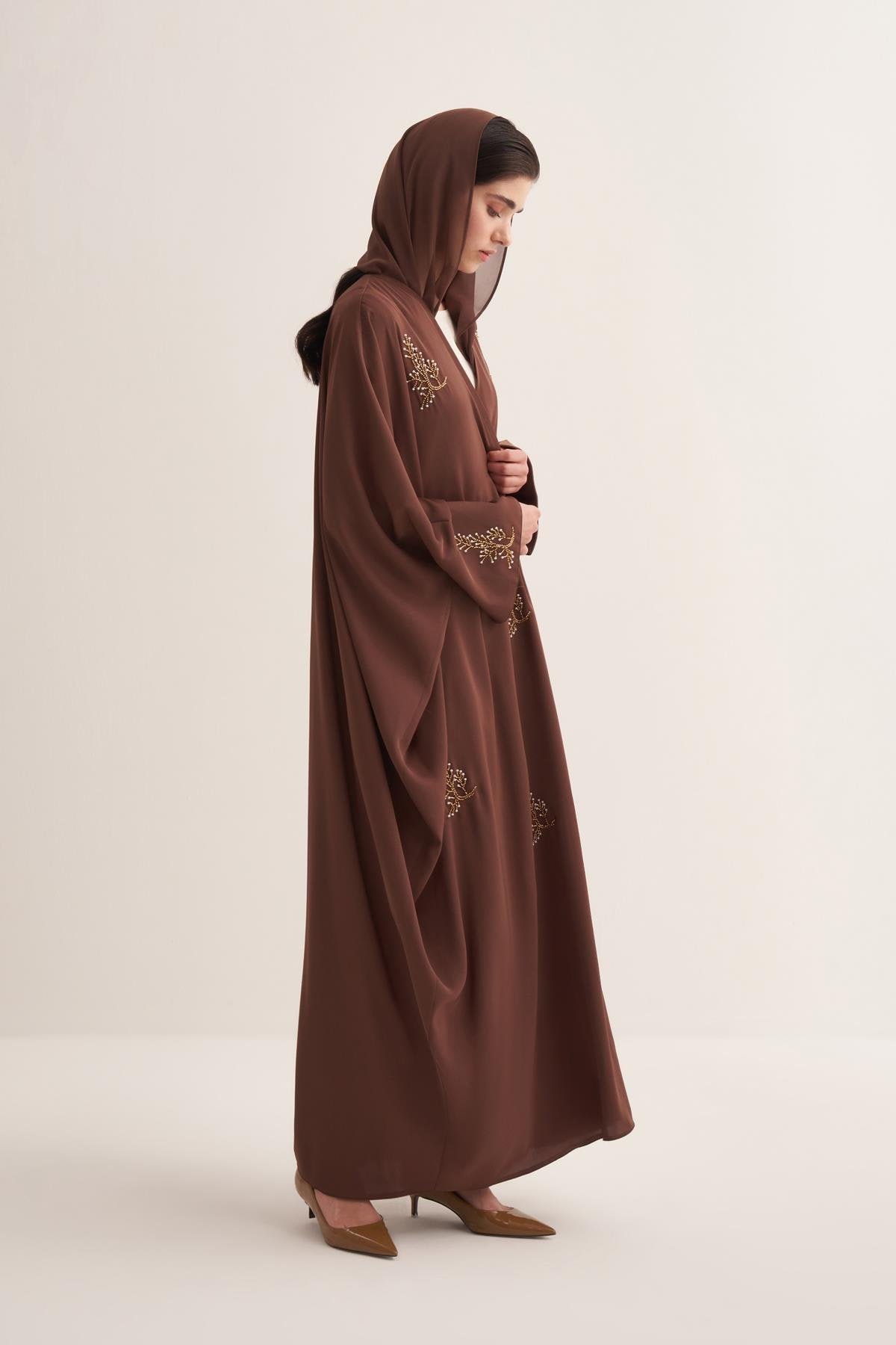 Brown Abaya & Scarf Set with Pearl and Stone Embellishments