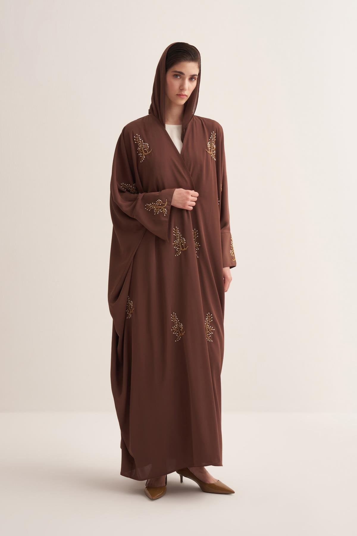 Brown Abaya & Scarf Set with Pearl and Stone Embellishments