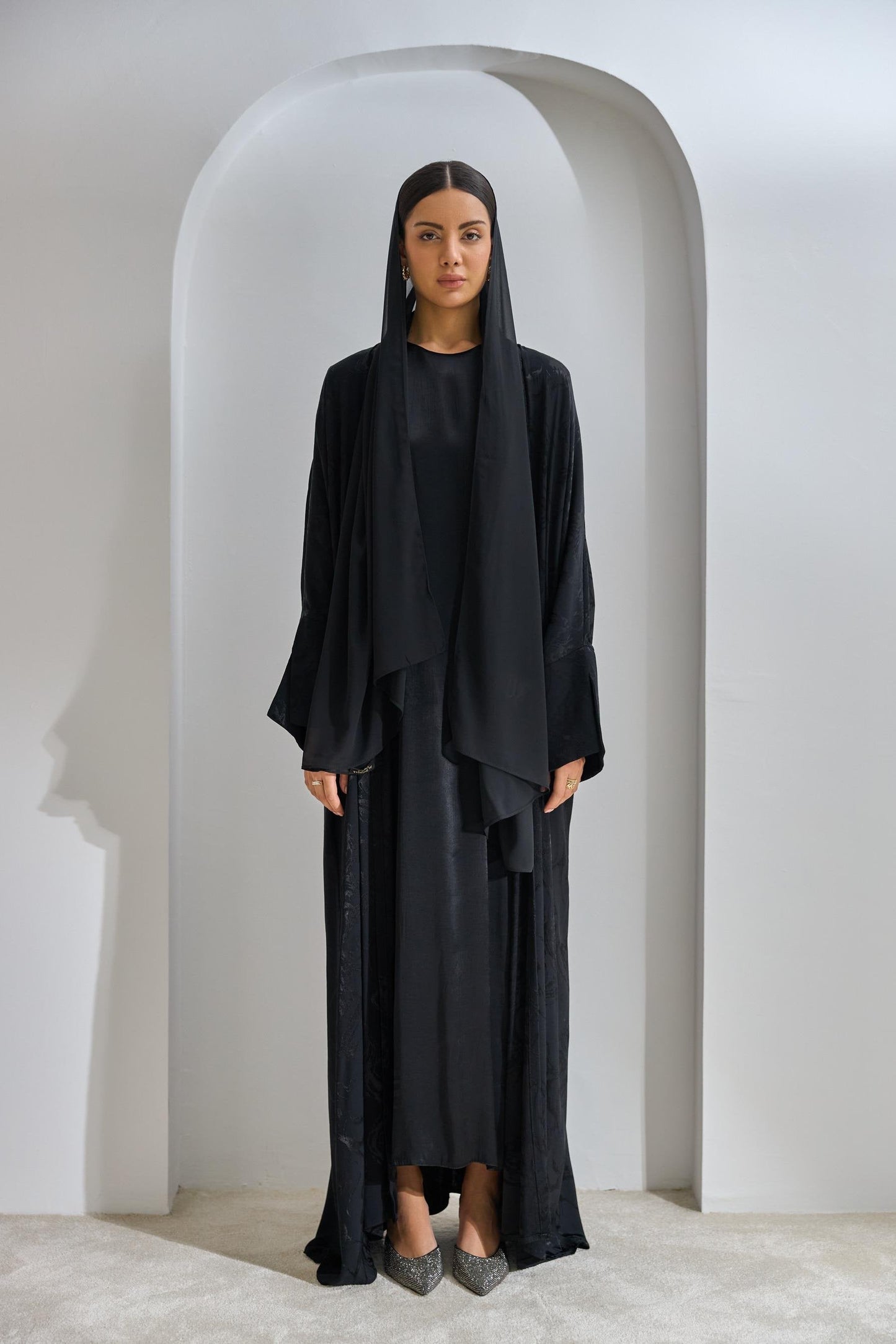 Black Viscose Abaya Set with Dress and Shawl - sonafey