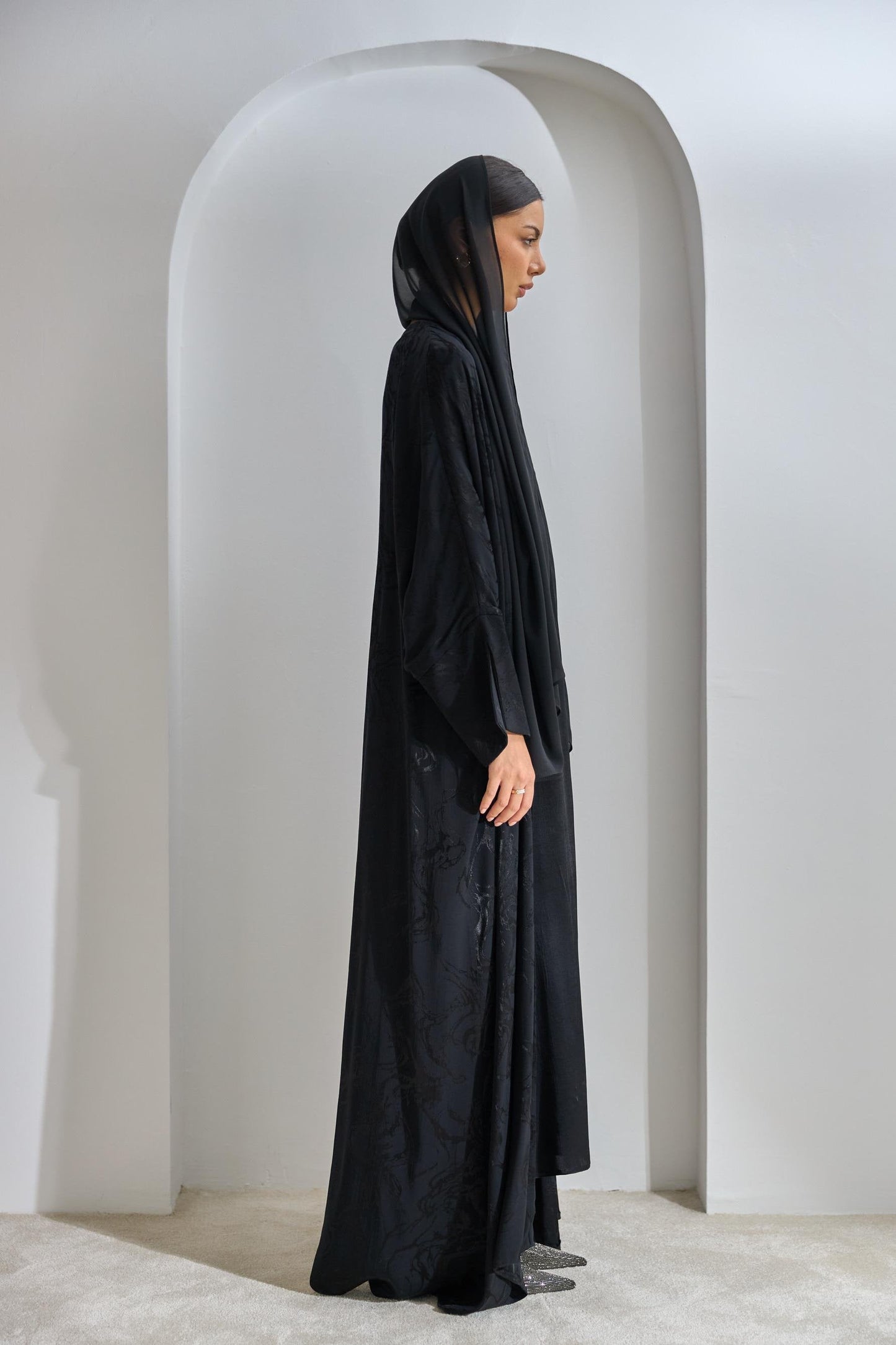 Black Viscose Abaya Set with Dress and Shawl - sonafey