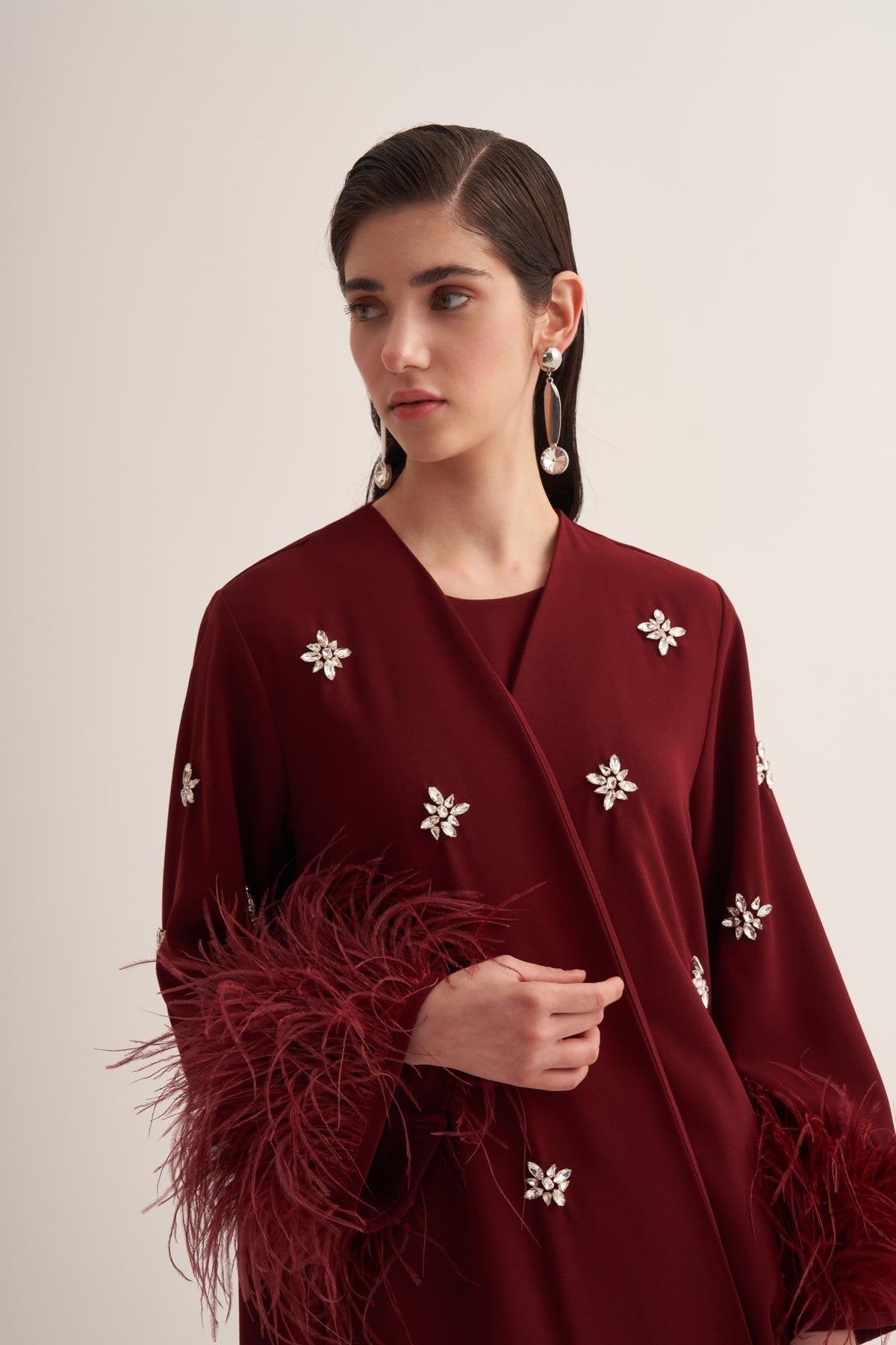 Burgundy Abaya with Crystal Embroidery and Feathered Sleeves
