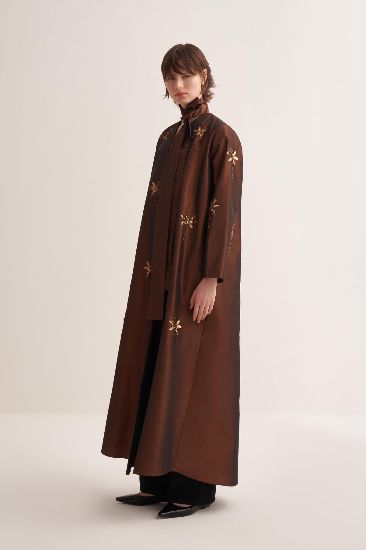 Brown Taffeta Abaya with Hand-Embroidered Palm Details - sonafey
