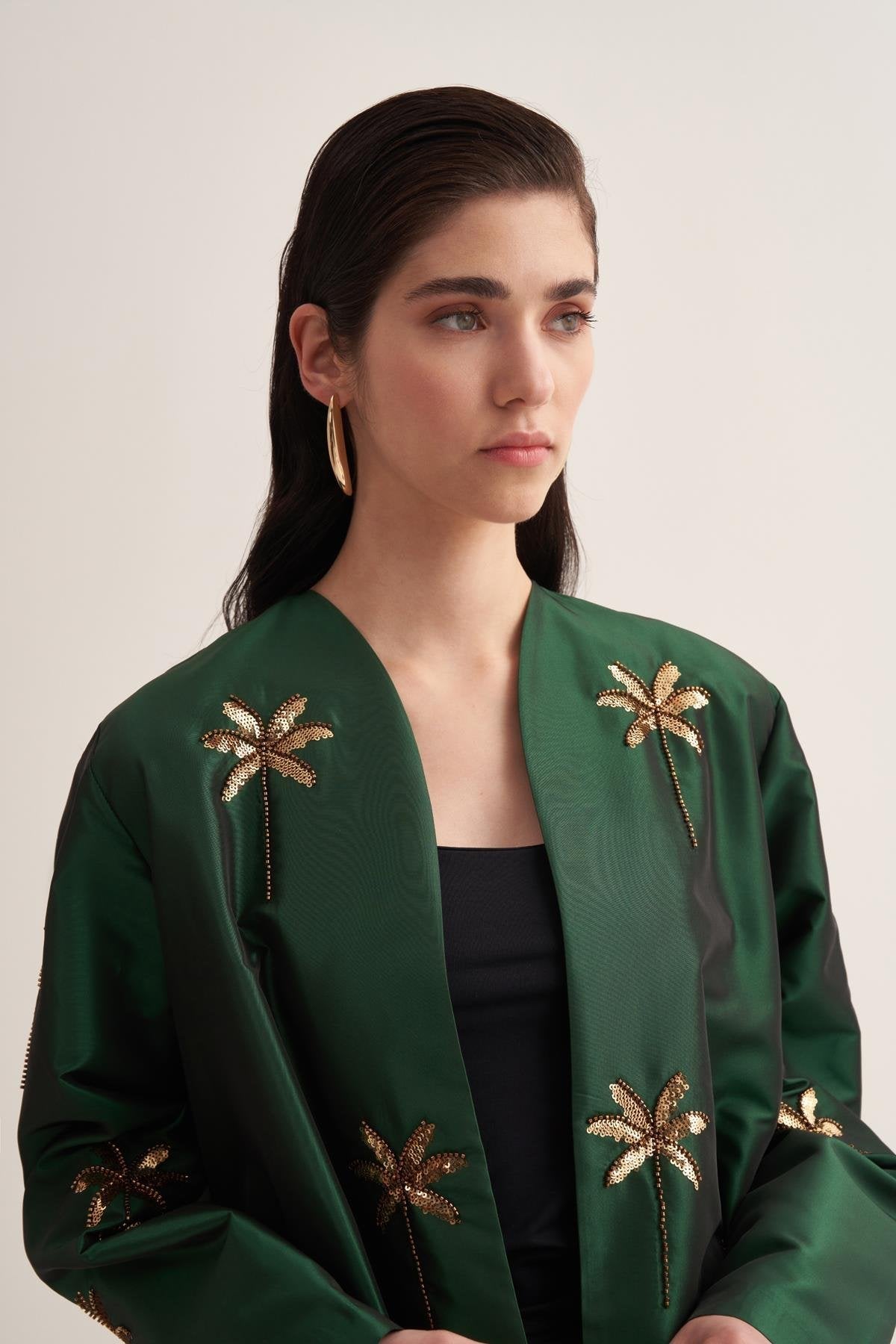 Emerald Green Taffeta Abaya with Hand-Embroidered Palm Details - sonafey