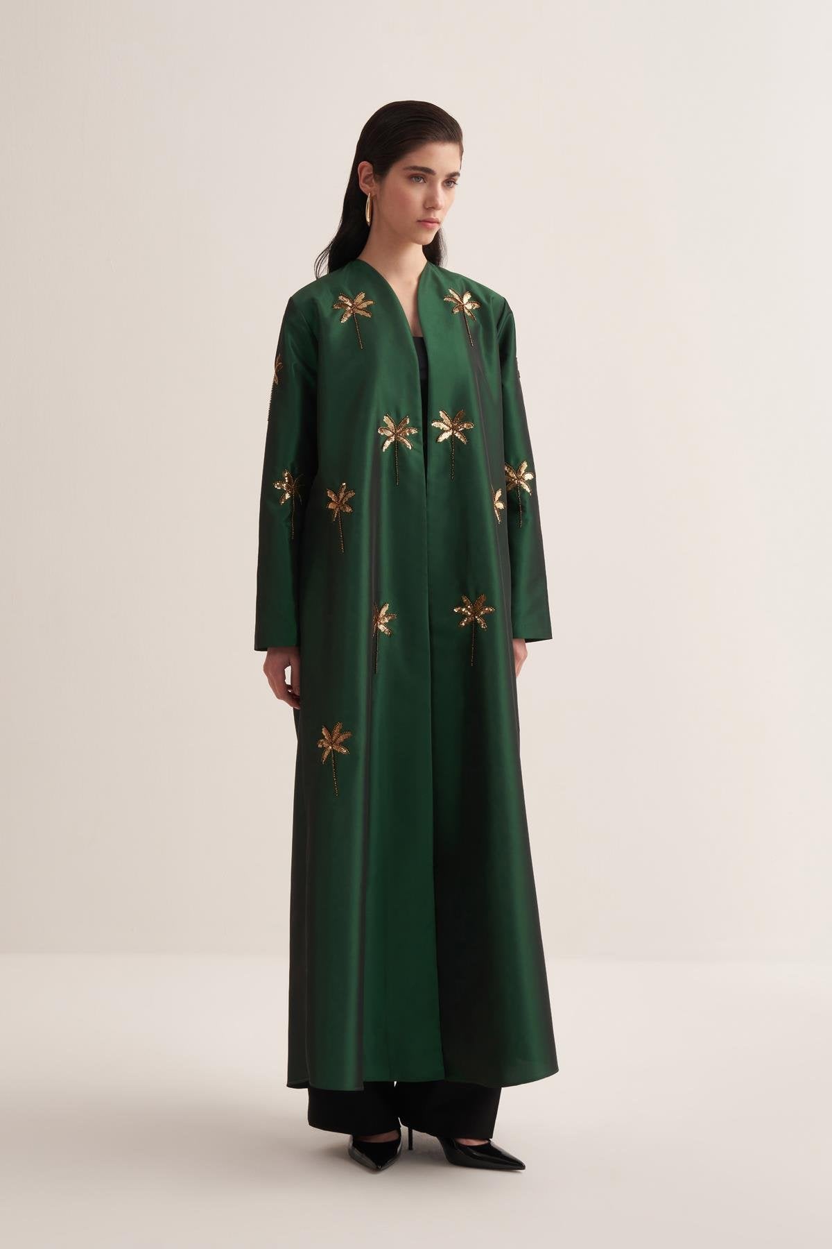 Emerald Green Taffeta Abaya with Hand-Embroidered Palm Details - sonafey