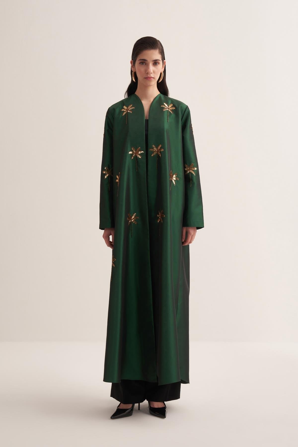 Emerald Green Taffeta Abaya with Hand-Embroidered Palm Details - sonafey