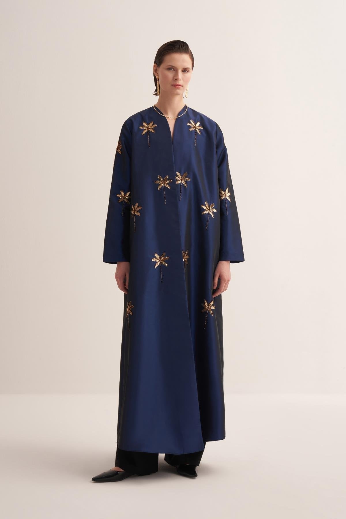 Navy Blue Taffeta Abaya with Hand-Embroidered Palm Details - sonafey