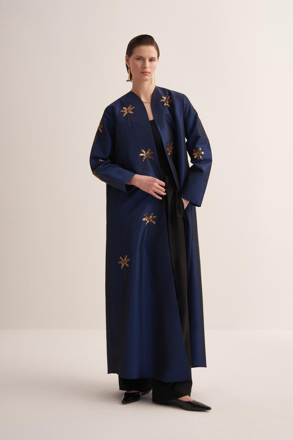 Navy Blue Taffeta Abaya with Hand-Embroidered Palm Details - sonafey