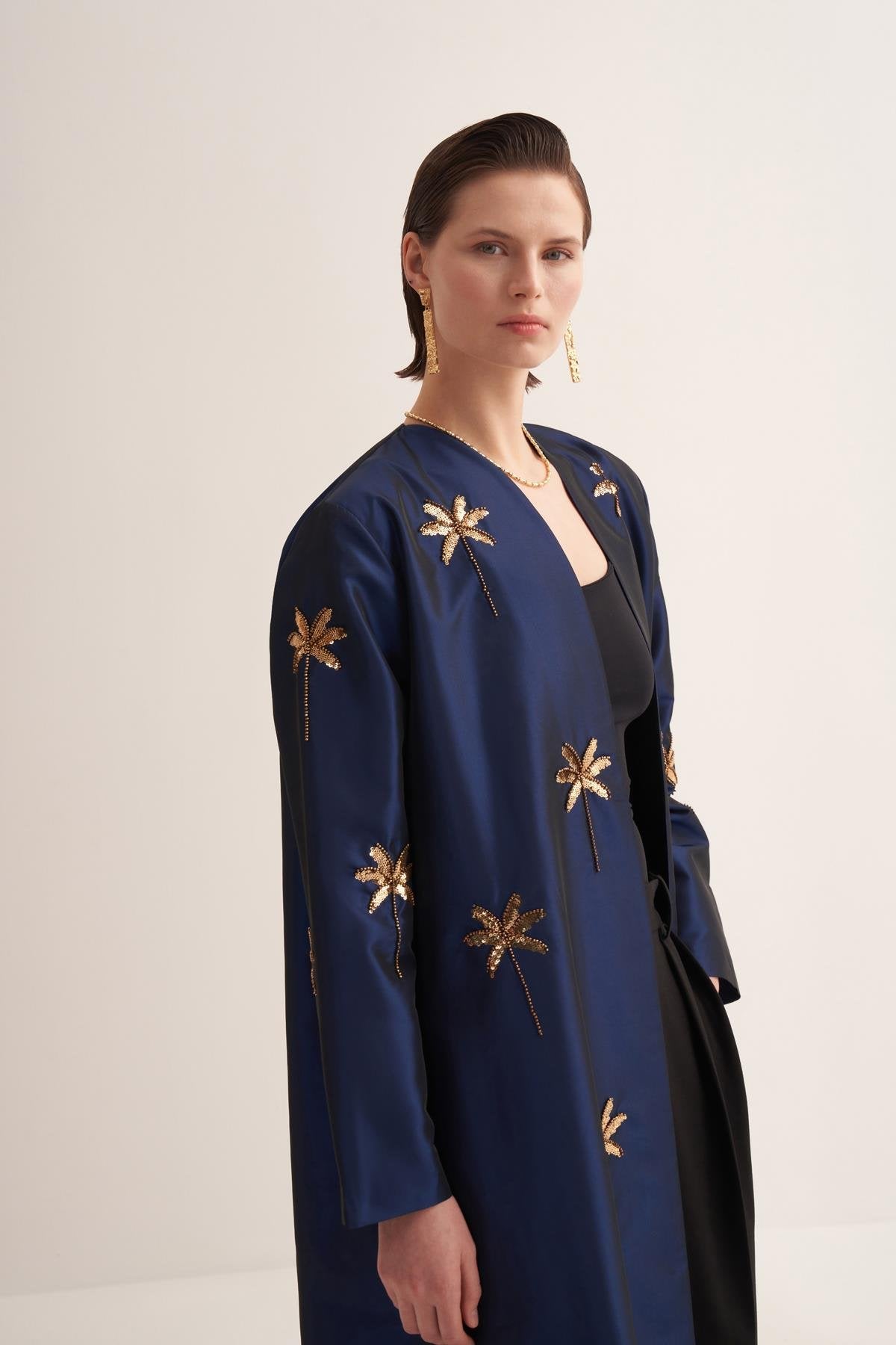 Navy Blue Taffeta Abaya with Hand-Embroidered Palm Details - sonafey