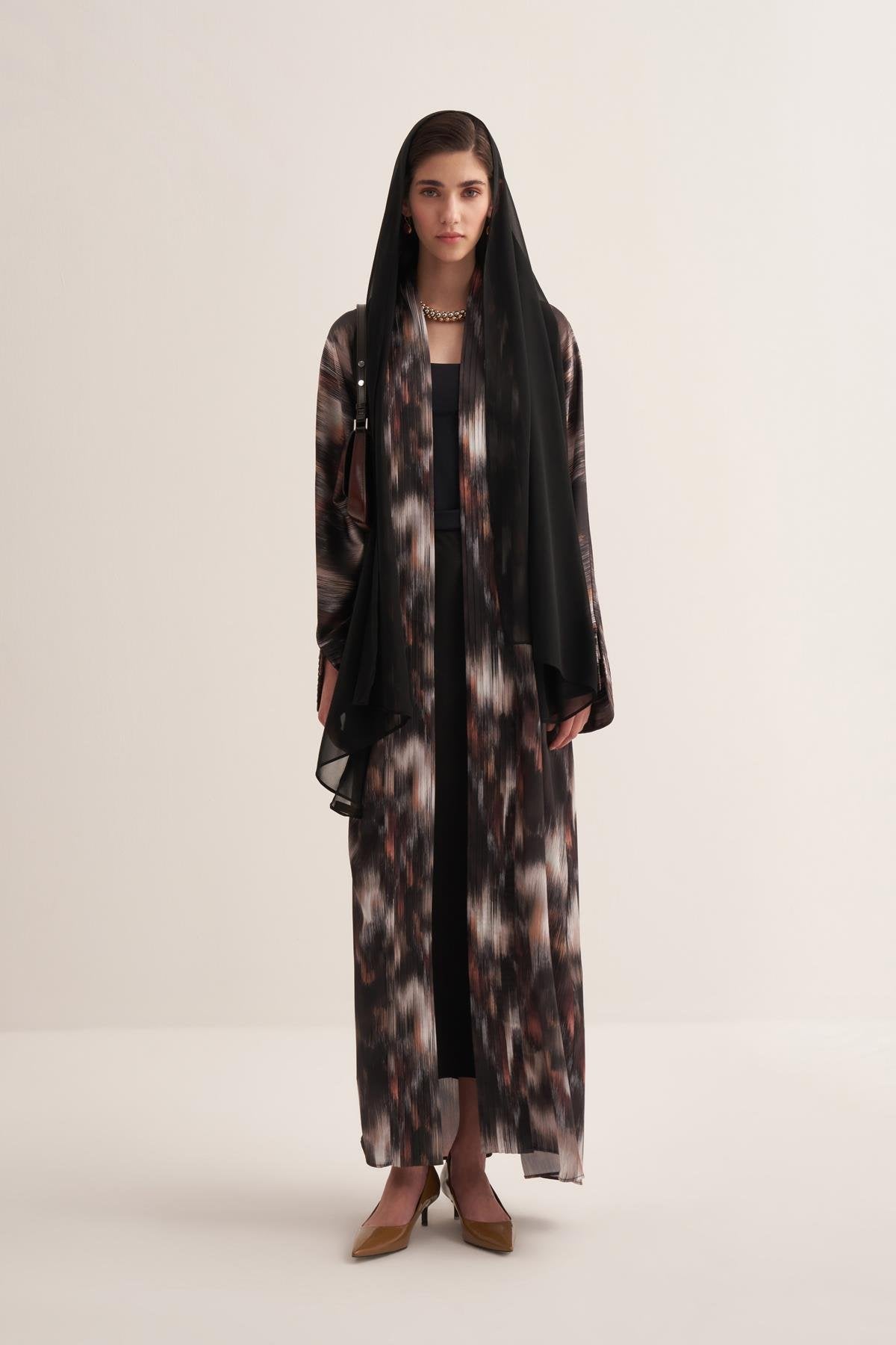 Abstract Patterned Brown Abaya and Scarf Set - sonafey