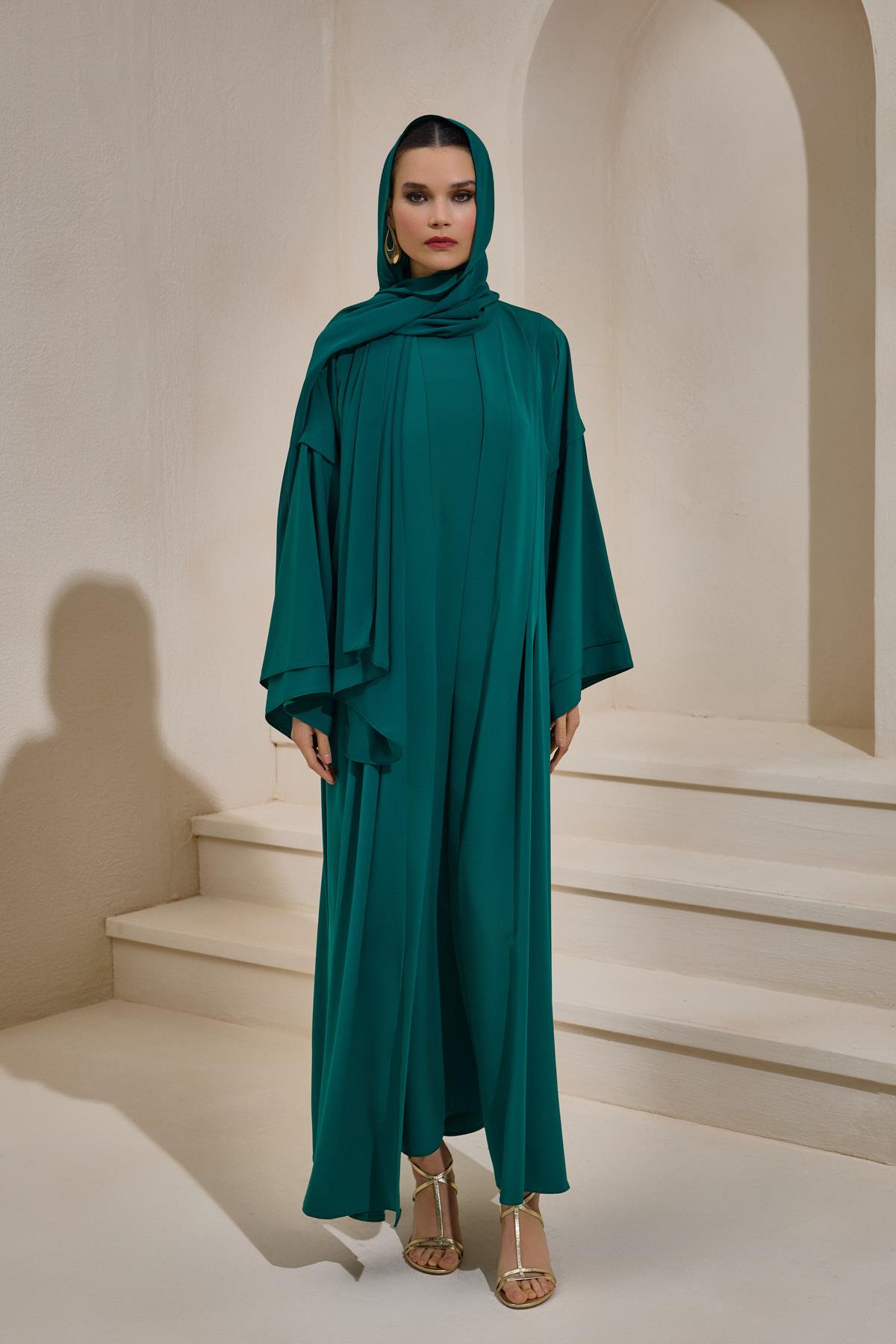 Crepe Abaya Emerald Set With Inner Dress - sonafey