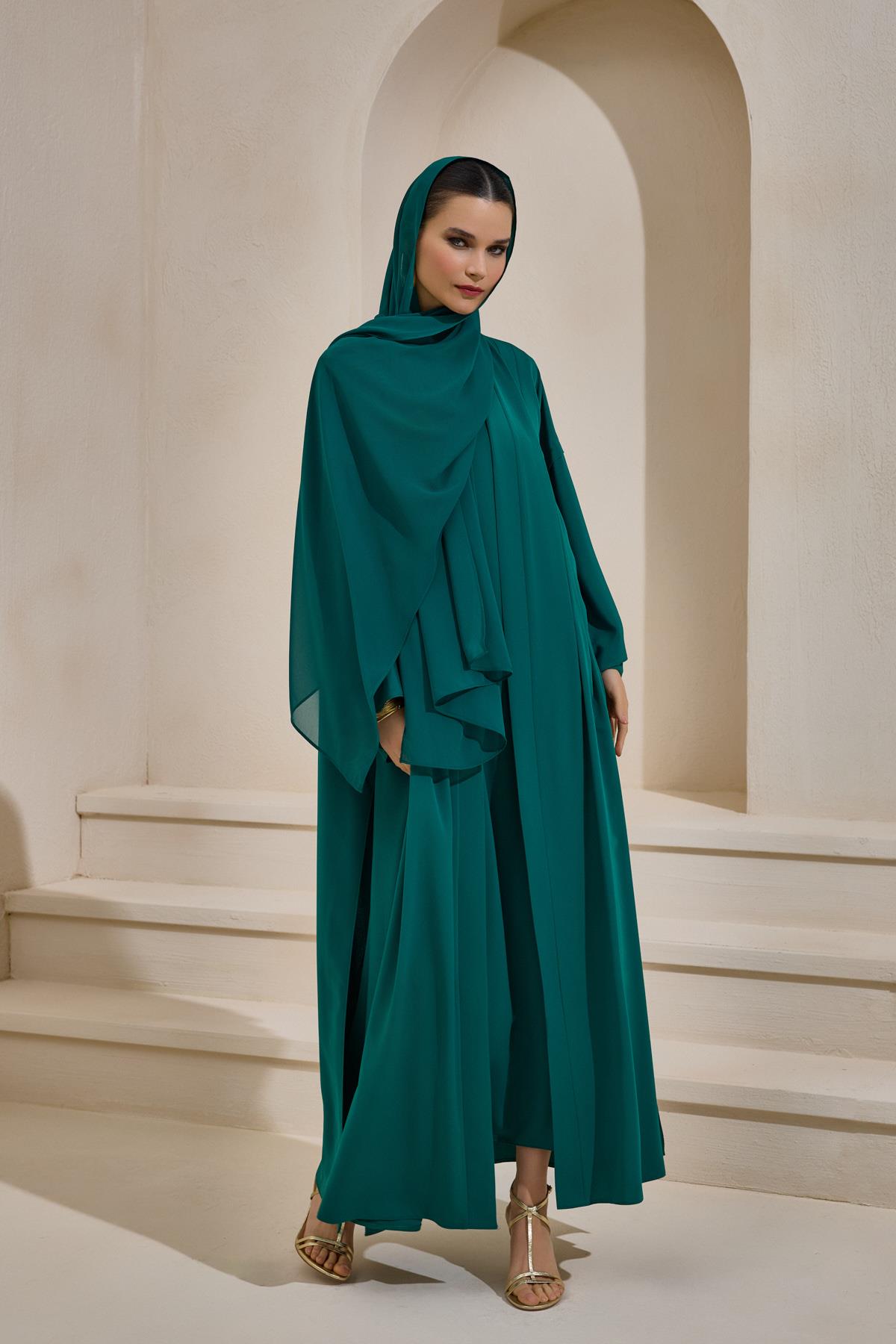 Crepe Abaya Emerald Set With Inner Dress - sonafey