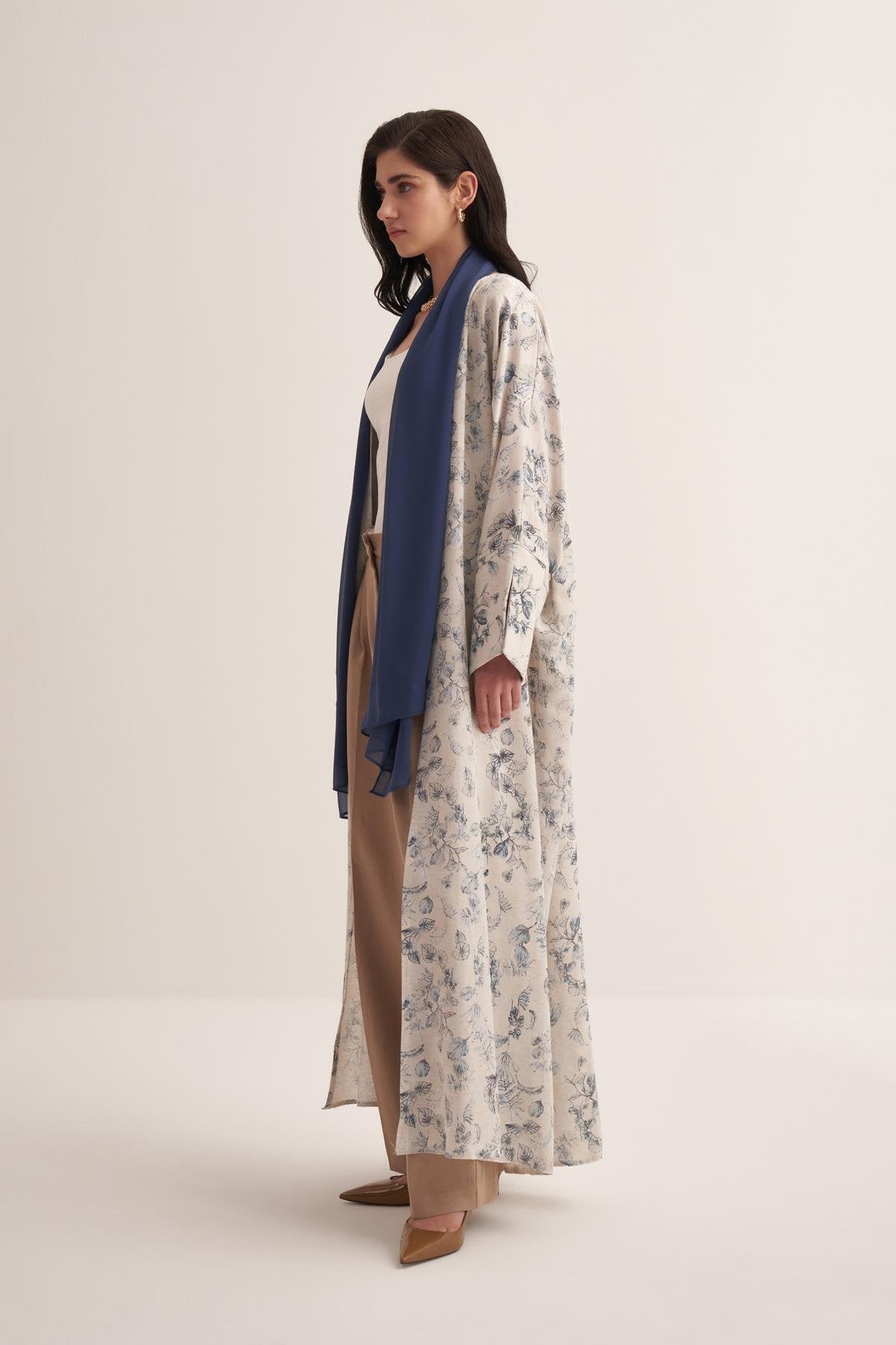 Linen Touch Blue Floral Patterned Abaya - sonafey