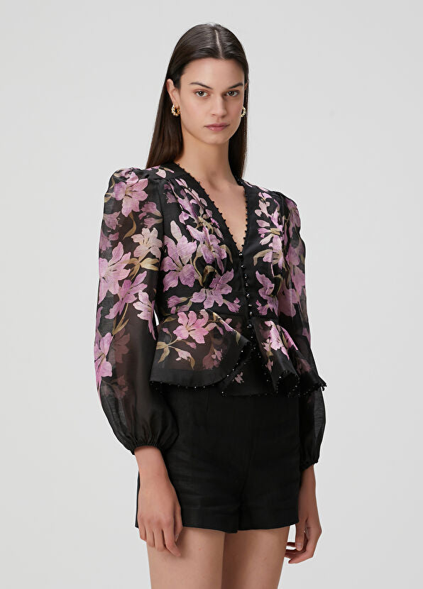 Zimmermann Dawning Black Floral Linen Blouse