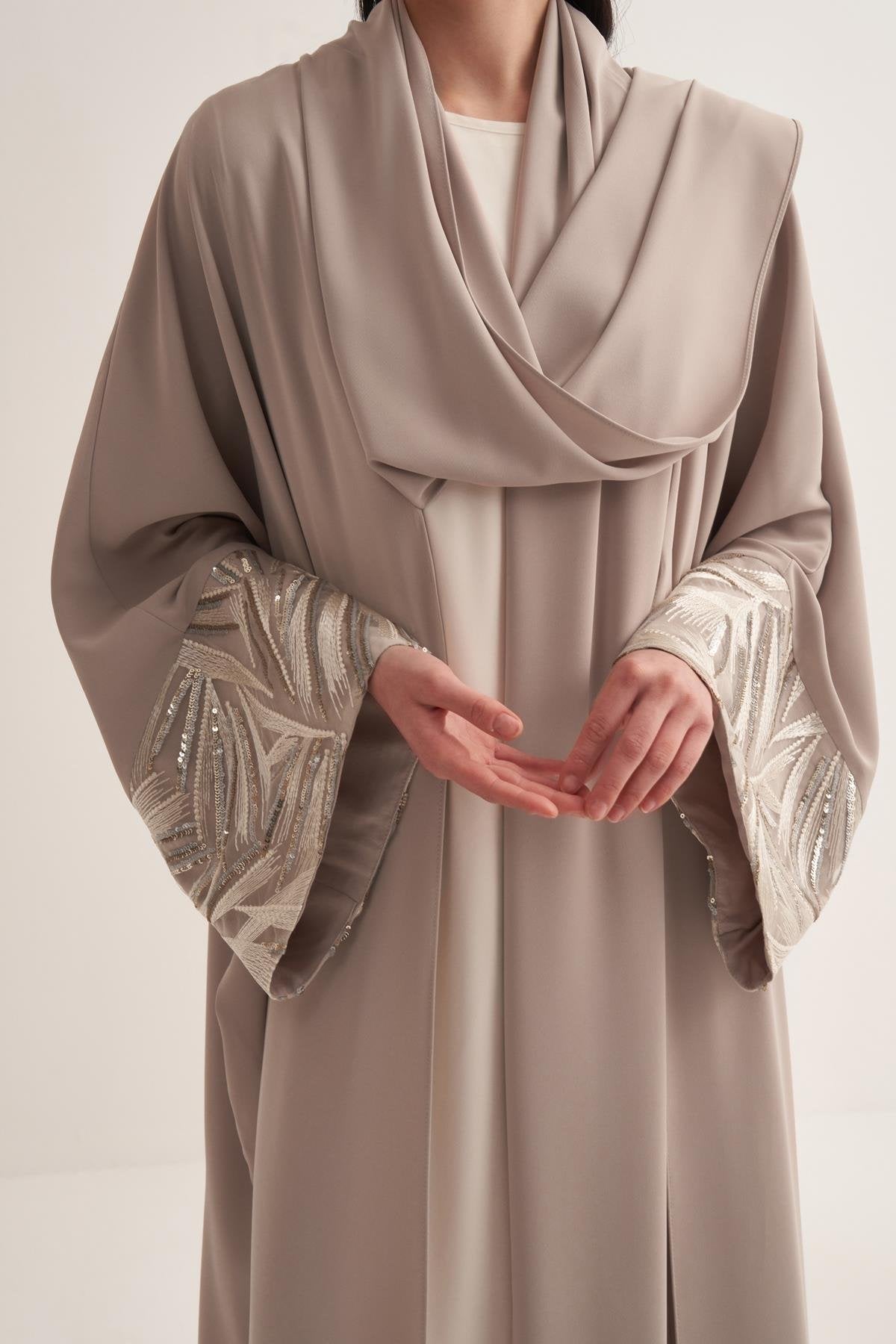 Beige Neck Detailed Sequin Sleeve Abaya - sonafey