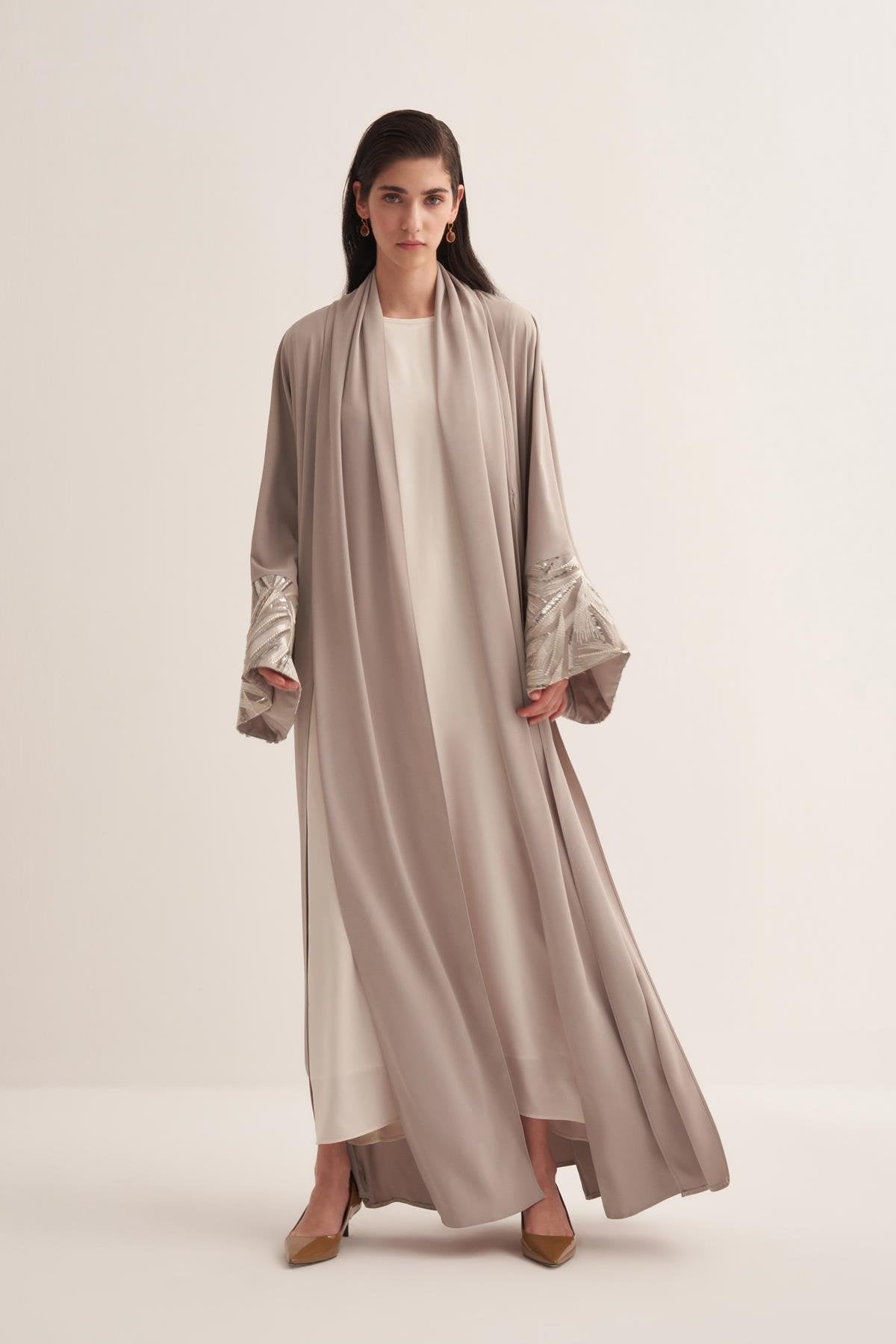 Beige Neck Detailed Sequin Sleeve Abaya - sonafey