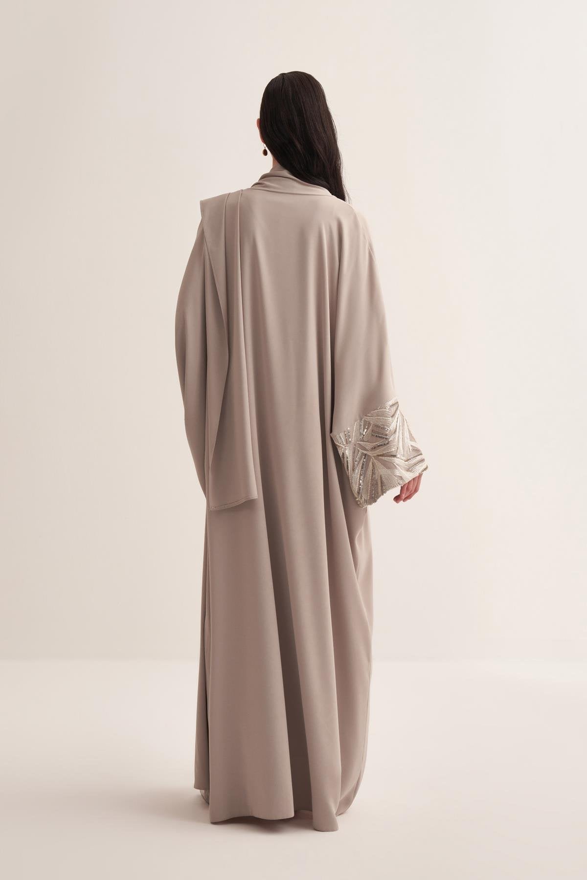 Beige Neck Detailed Sequin Sleeve Abaya - sonafey
