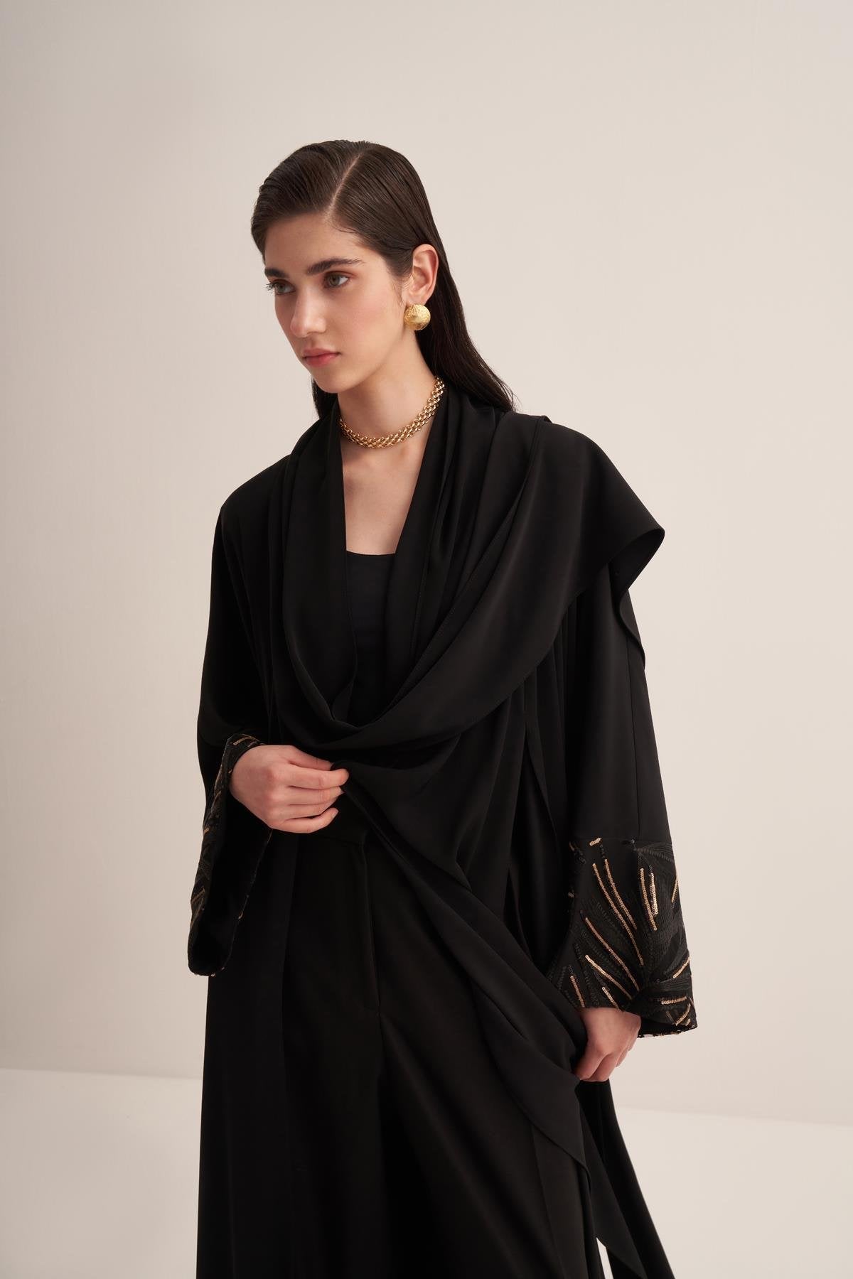 Black Neck Detailed Sequin Sleeve Abaya - sonafey