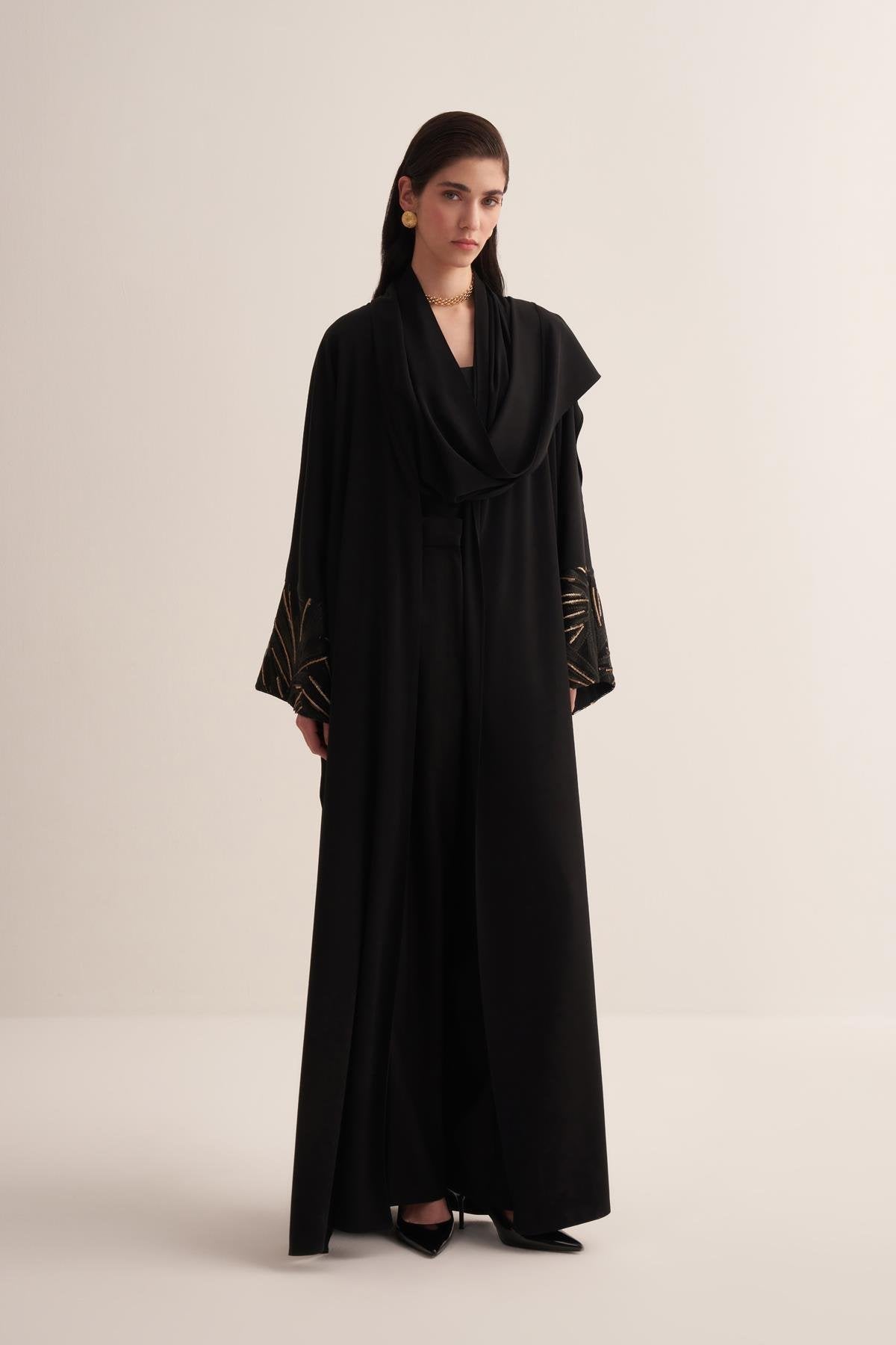 Black Neck Detailed Sequin Sleeve Abaya - sonafey