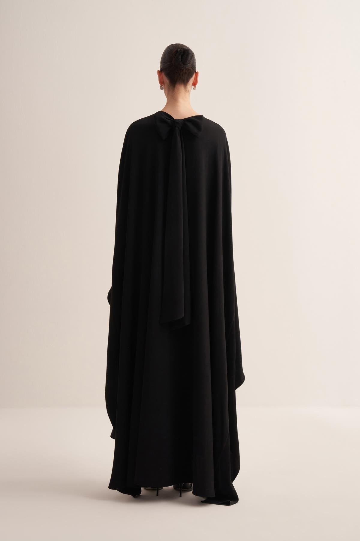 Embroidered Black Cape Evening Gown